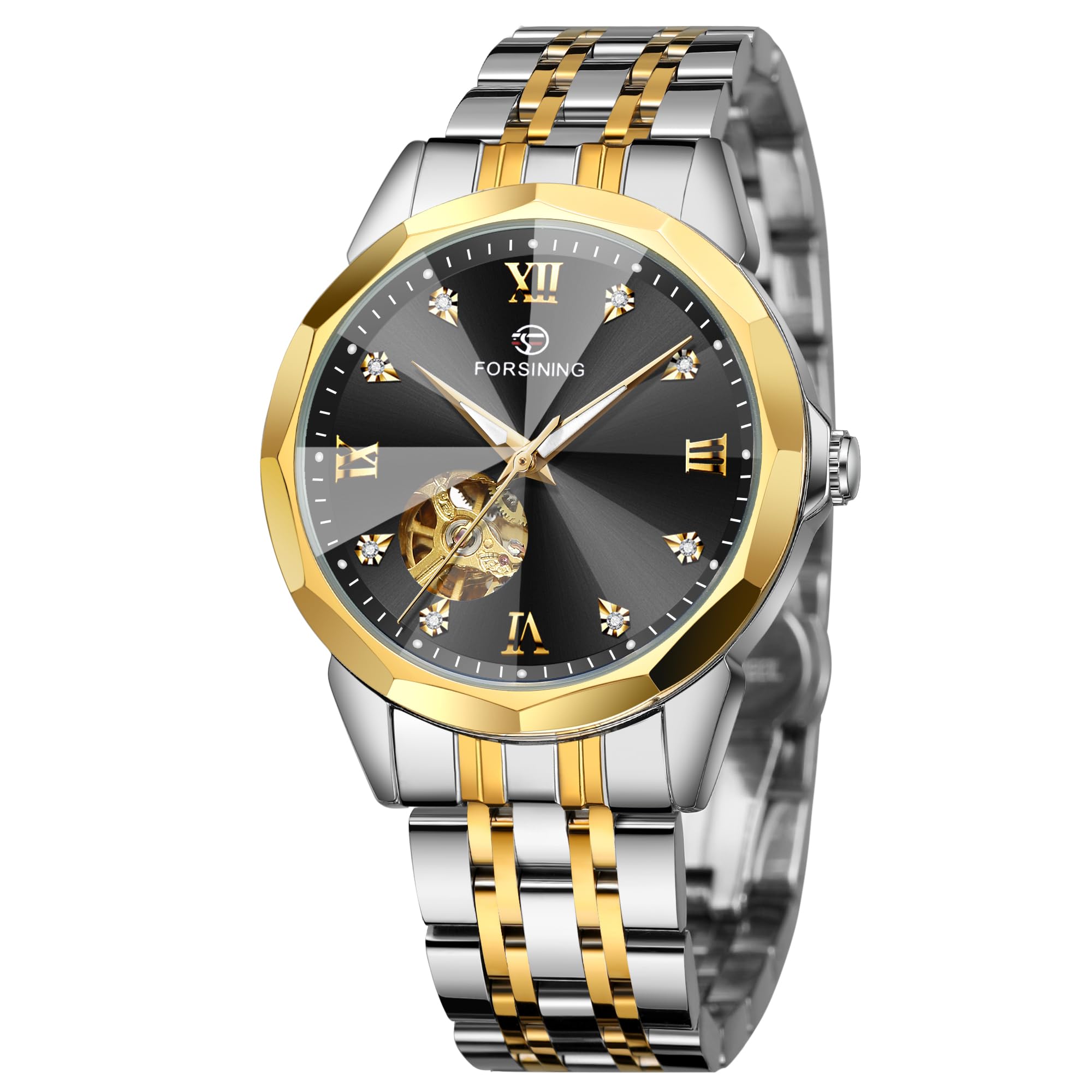 FORSININGLuxury Diamond Cut Design Case Automatic Mechanical Watch Fashion Diamond Studded Dial Skeleton Watch Tourbillon Casual Men Watch Date Day Ceremonial Dress Watch for Men