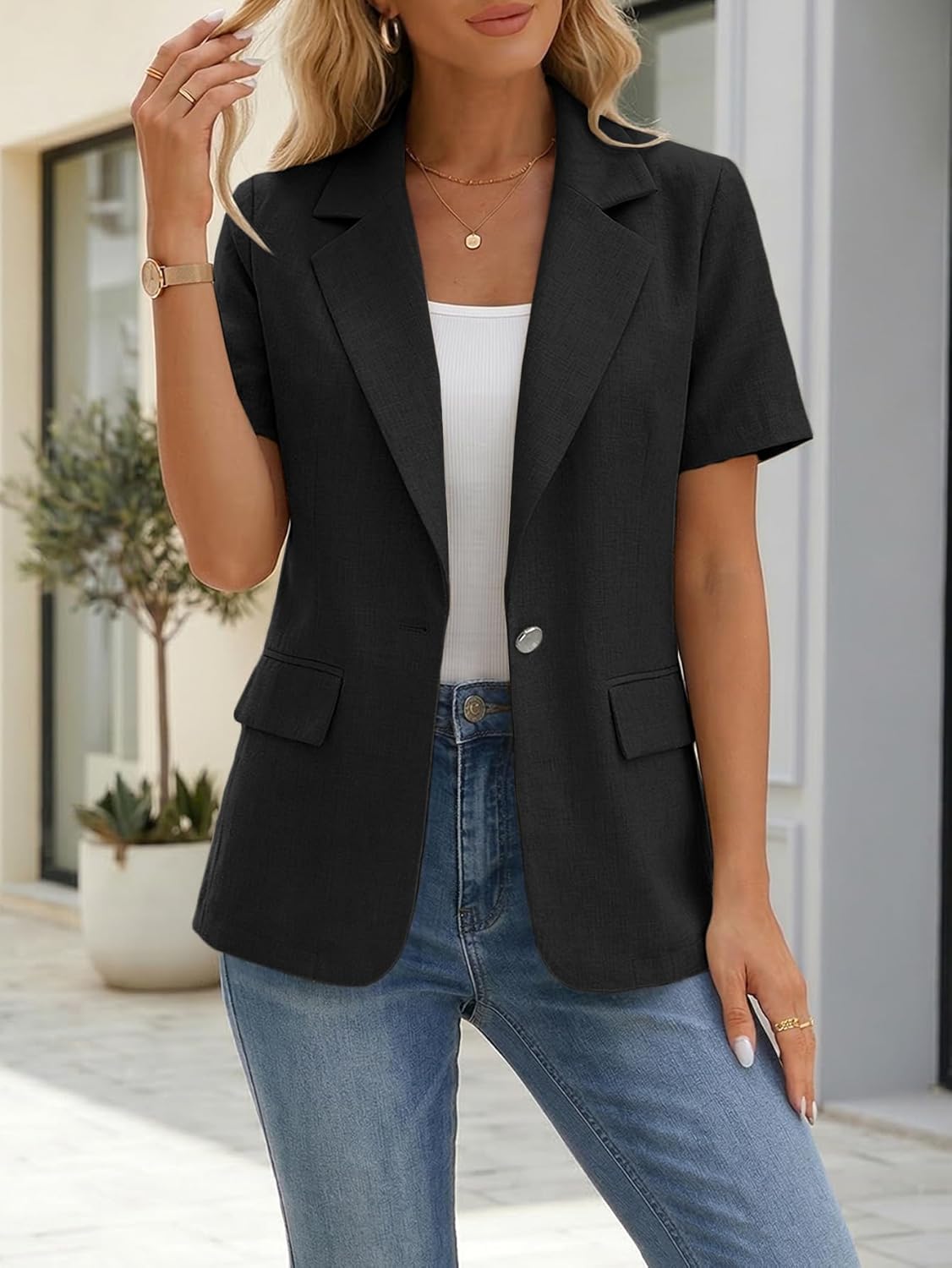 Mina Self 2026 Spring Women's Short Sleeve Blazer Jacket - Stretch Full-Lined One Button Lightweight Casual Work Pockets