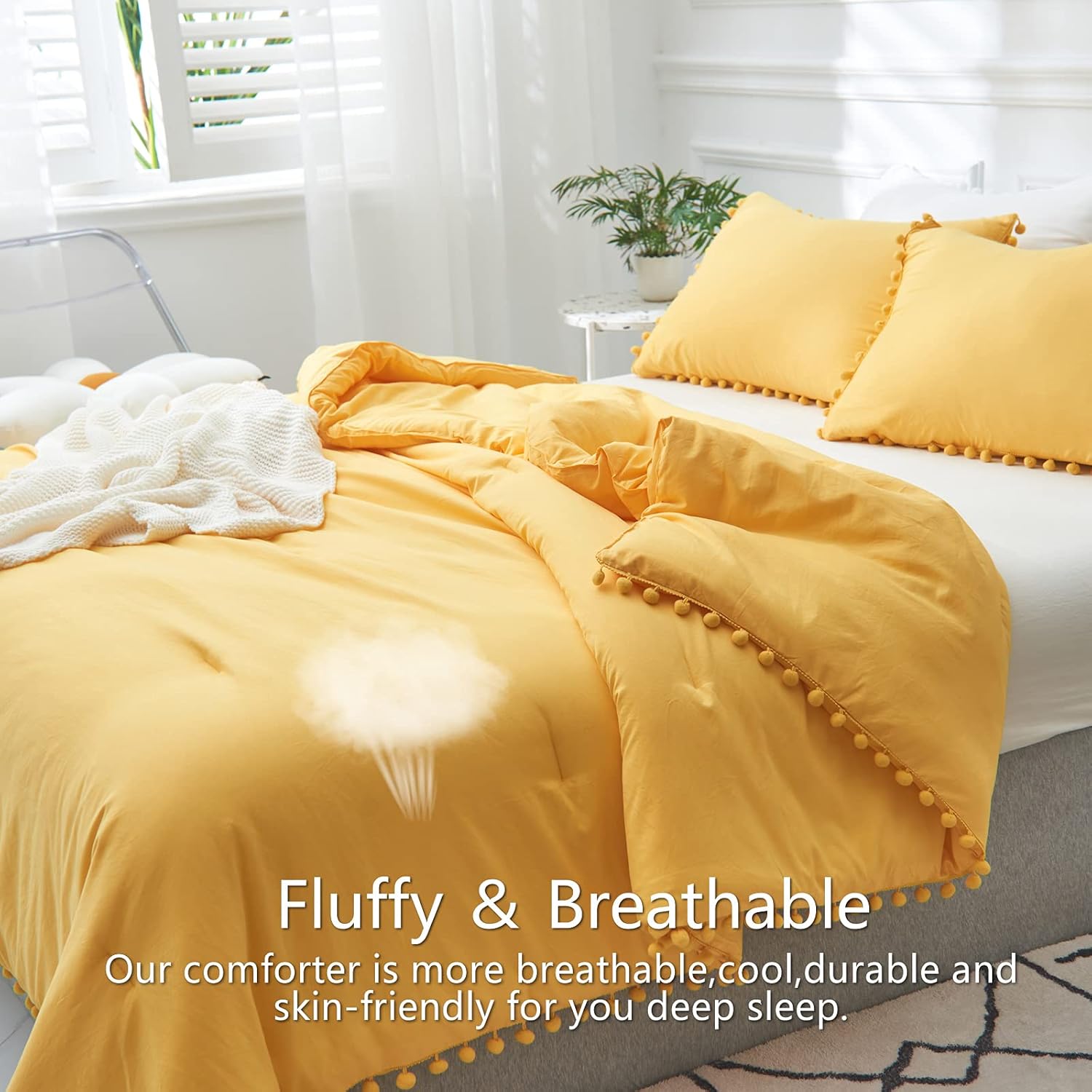 AIKASY Yellow Fringe Queen Comforter Set - 3 Pieces, Extra Soft Washed Microfiber Bohemian Boho Chic Bed Comforter with Shams, All-Season Reversible (1 Comforter+2 Pom Pom Pillow Shams,Queen)