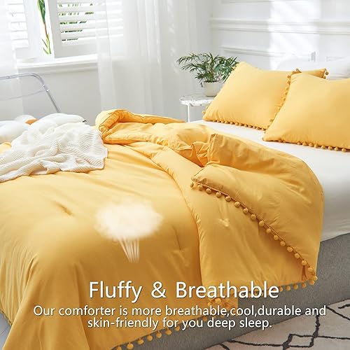 Miniatura 4 de AIKASY Juego de edredón Queen con flecos amarillos, 3 piezas, edredón de microfibra lavada extra suave, bohemio, chic con fundas, reversible para
