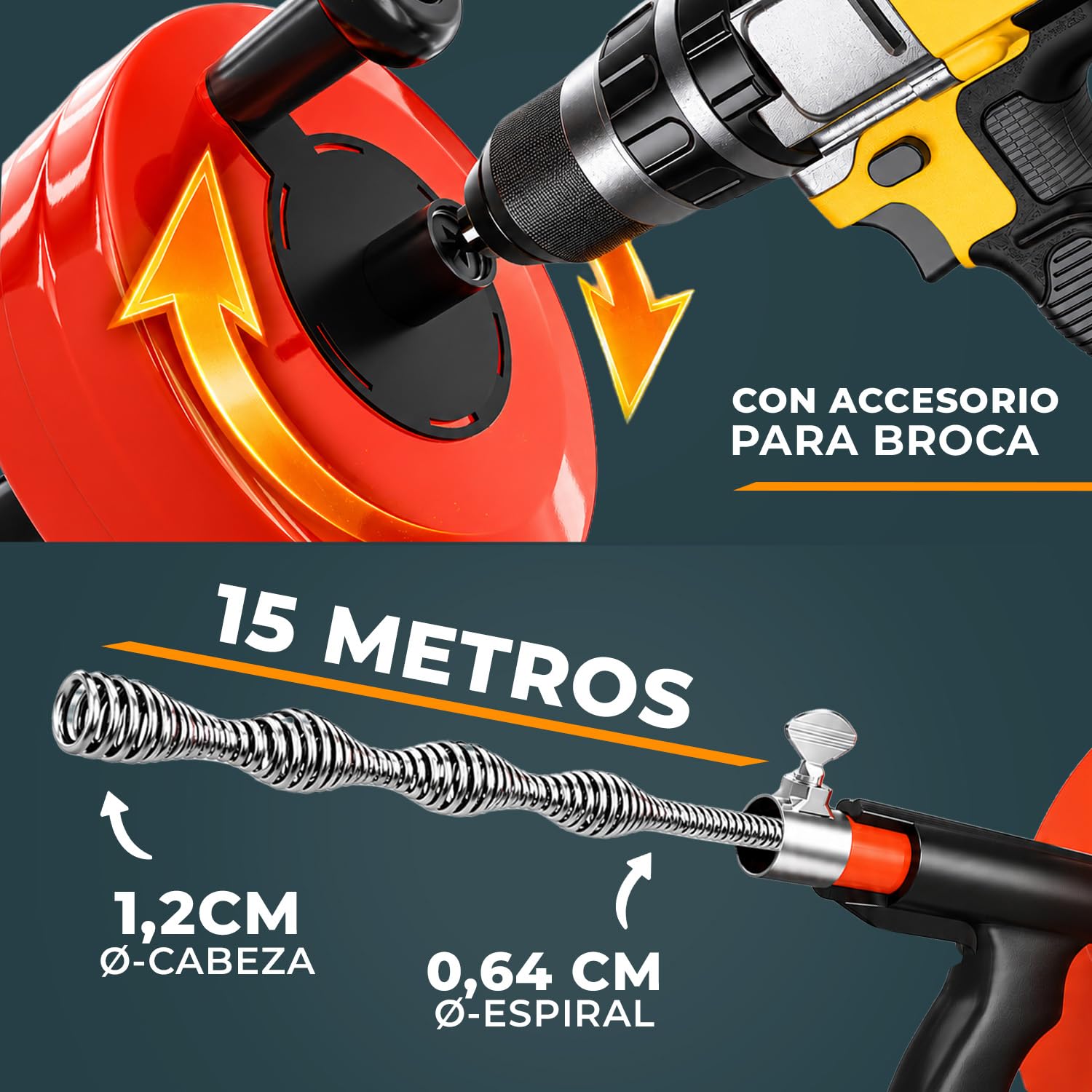 Meisterfaktur Espiral de limpieza de tuberías [15 metros] – con tambor de acero – Espiral de drenaje ideal para una limpieza de tuberías respetuosa con el medio ambiente
