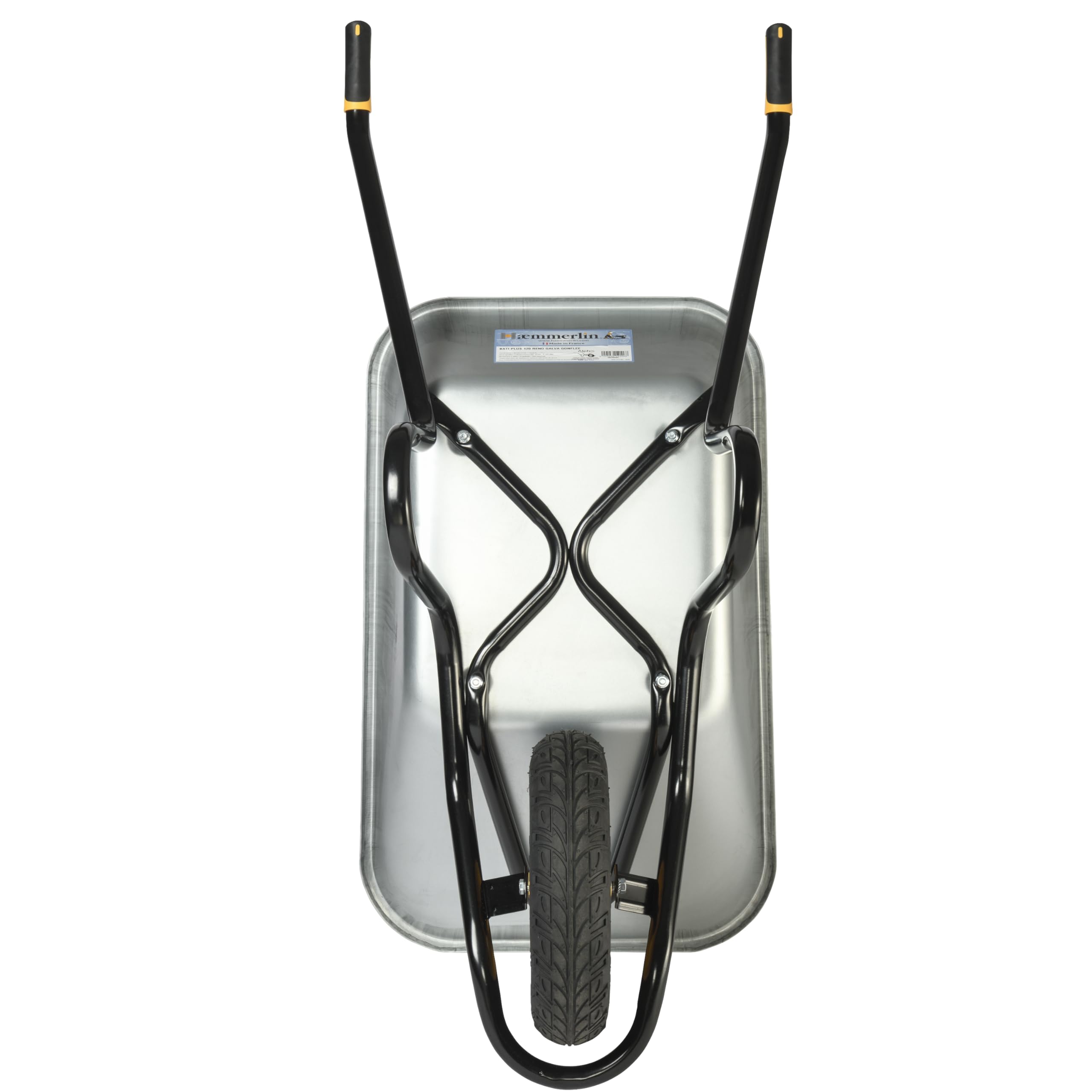 HAEMMERLIN BAU Plus 120 Profi Schubkarre 120L, verzinkt, 250kg Tragkraft, Bauschubkarre, kugelgelagertes Luftrad Ø 400 mm, Alpha-Stahlgestell, ergonomische Softgriffe