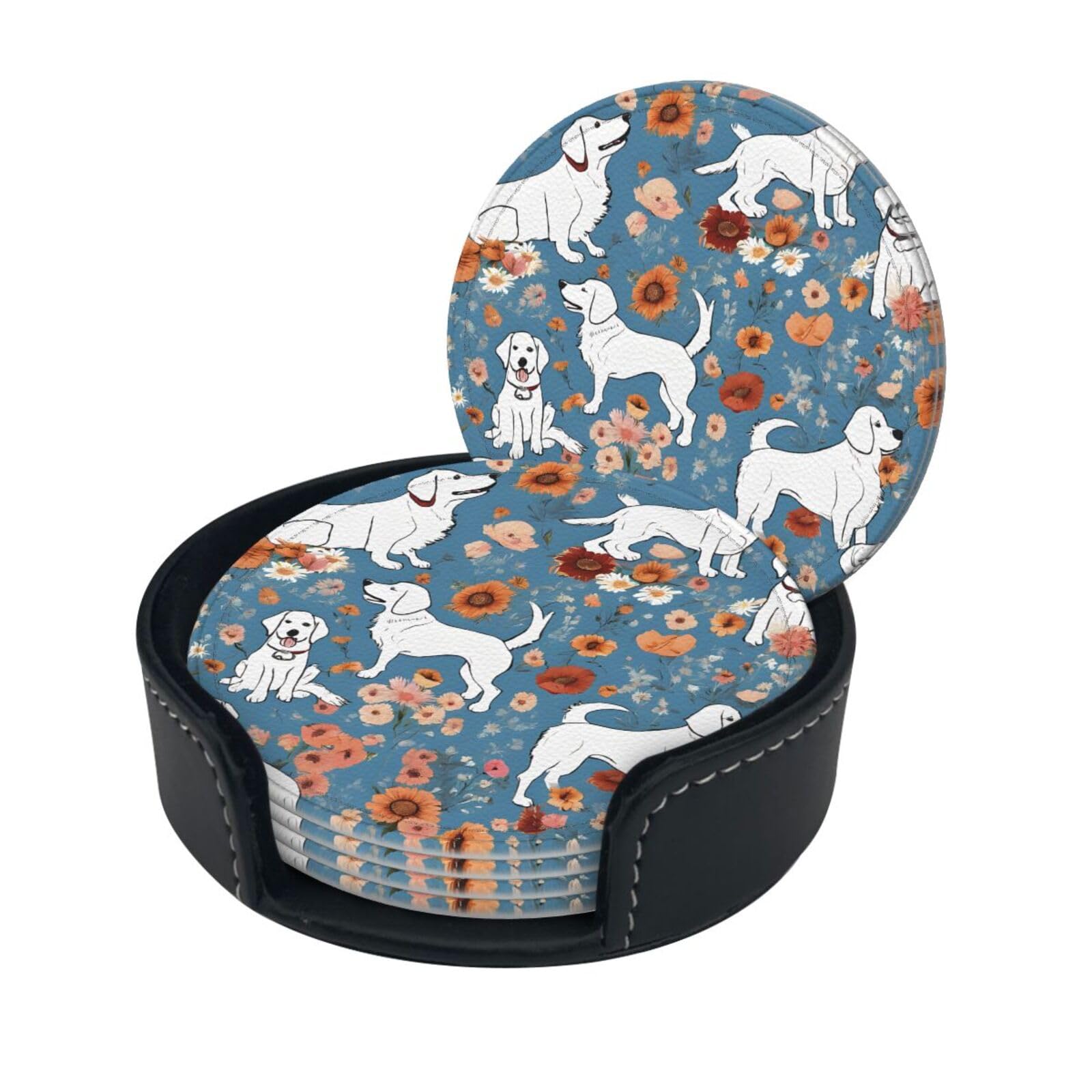 Sweet Basset Hound Florals Print Coaster,Round Leather Coasters with Storage Box for Wine Mugs,Cold Drinks and Cups Tabletop Protection (6 Piece)