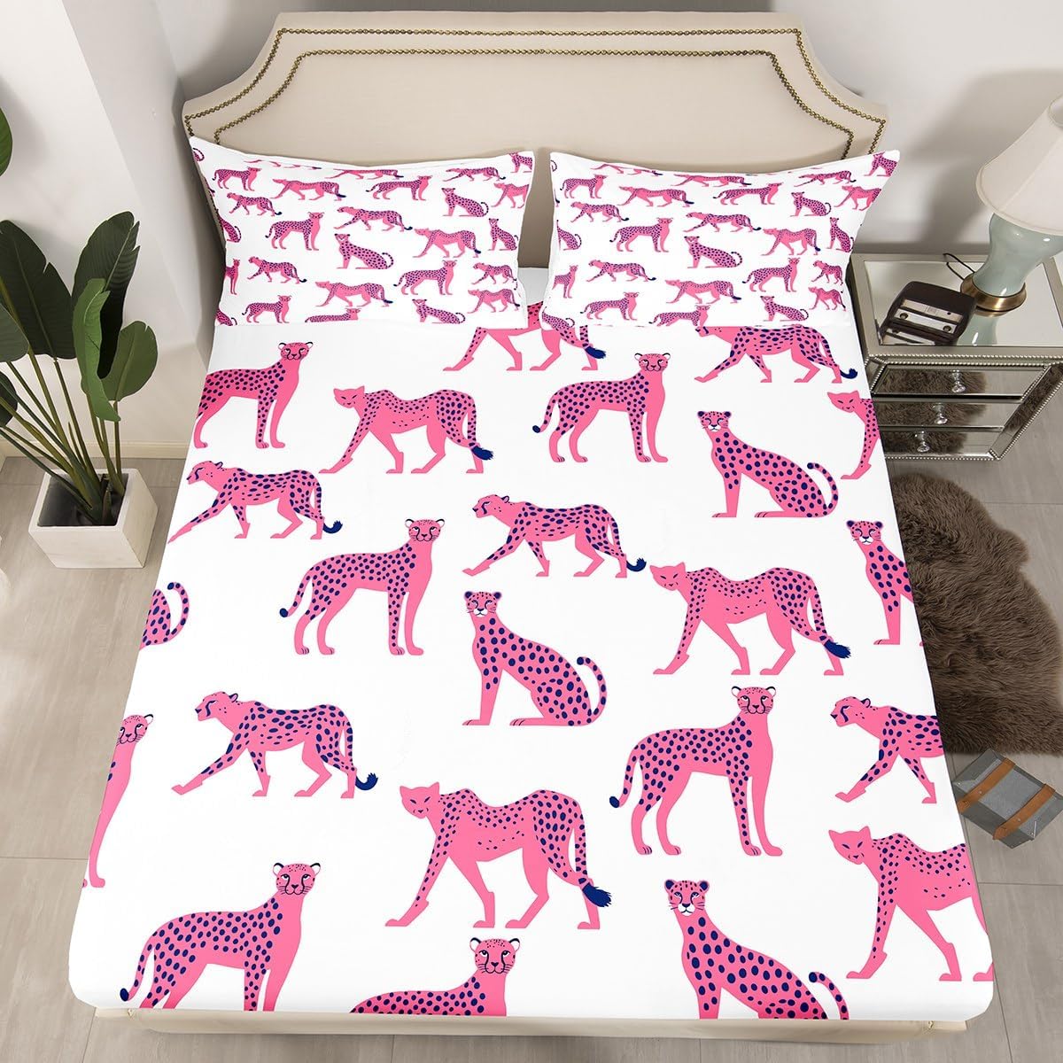 Pink Cheetah Fitted Sheet,Cartoon Wild Jungle Animals Bedding Set for Kids Teens Adults,African Wildlife Decor Simple Modern Bed Cover with 2 Pillowcases(No Top Sheet),Queen Size 3 Pcs