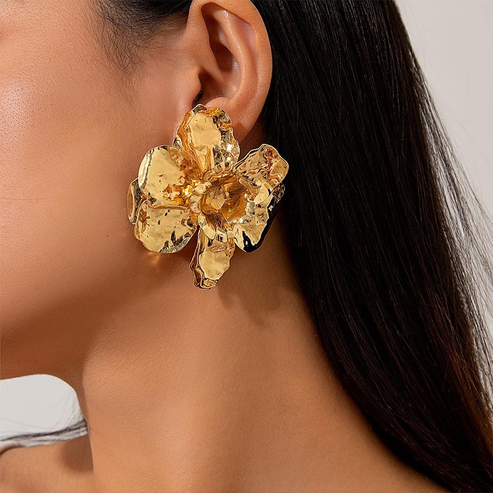 Big Gold Metal Flower Statement Earrings for Women Dainty Retro Large Irregular Geometry Floral Stud Earring Exaggerated Punk Y2k Party Prom Jewelry Gifts - Image 3