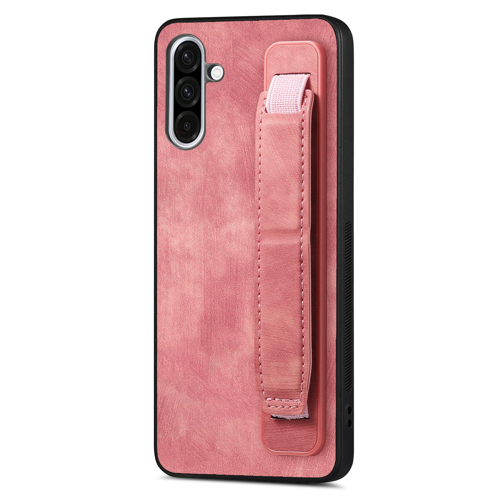 Omio Designed for Galaxy A36 5G Leather Case with Stand & Strap, Wrist Strap Leather Back Cover Hard PC Shockproof Finger Grip Case for Men Women