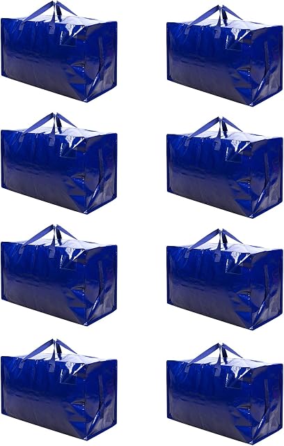 VENO 8 Pack Heavy-Duty Oversize Large Storage Bag Organizer with Zips and Tag Pocket for Moving, Clothes Storage, Laundry Bag, Packing, House Essentials, Sustainable, Water-Resistant (Blue - Set of 8)