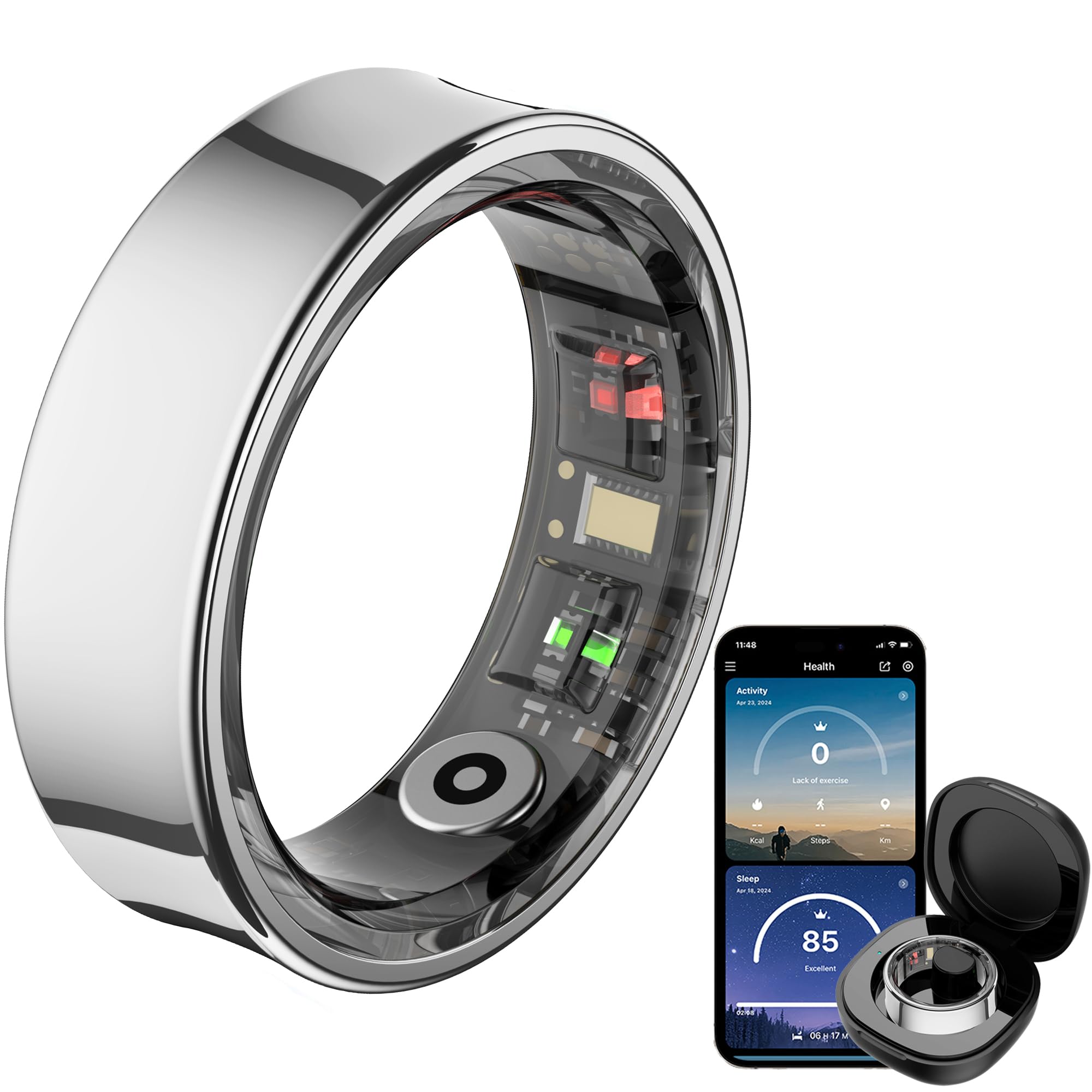CNBRO Smart Ring with app interface showing activity, heart rate, and sleep data.