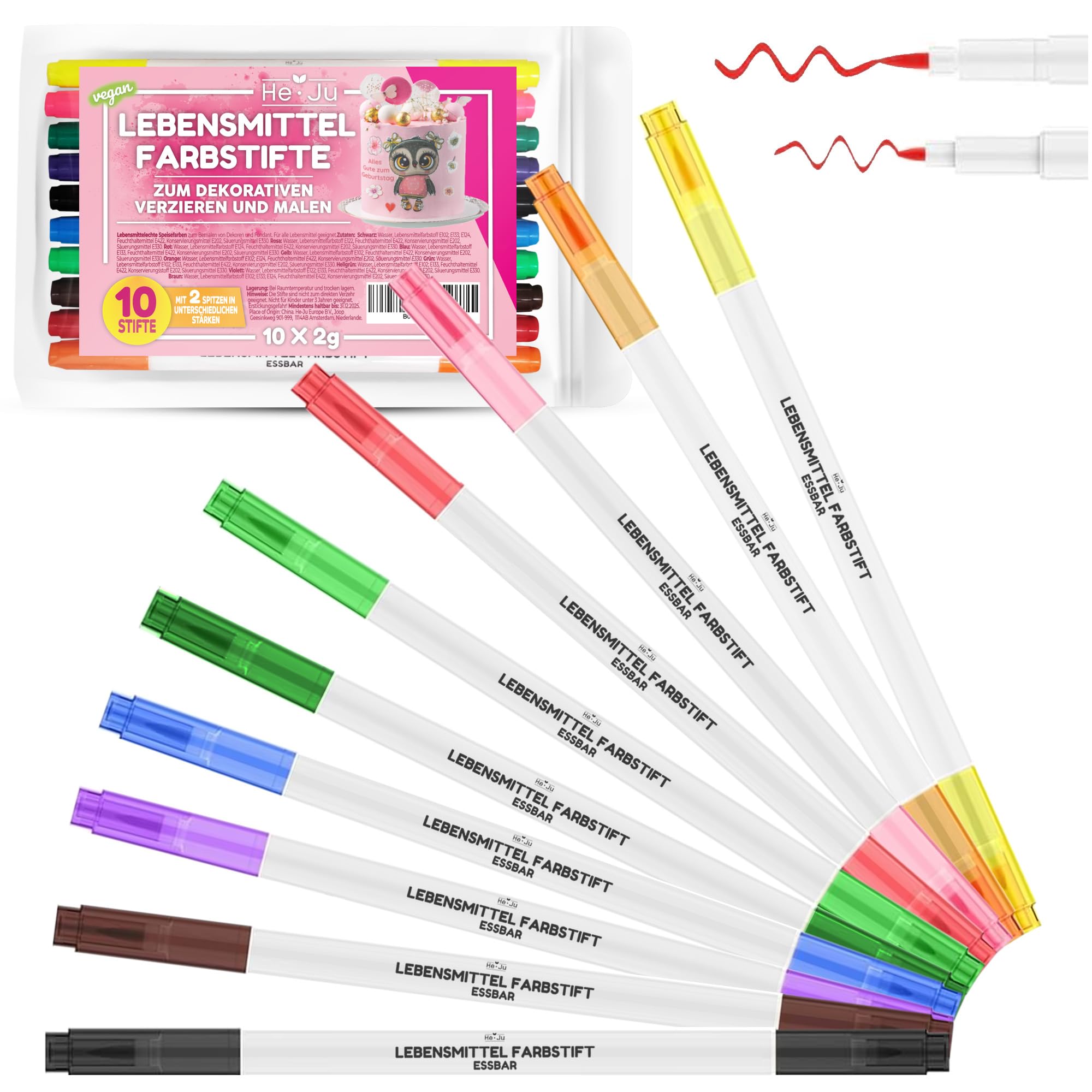 He-Ju Lebensmittelstifte essbar 10er Set ohne E171, vegan, glutenfrei, Lebensmittel Stifte Set in 10 Regenbogenfarben mit 2 Spitzen zum Malen und Schreiben auf Torten & Co.