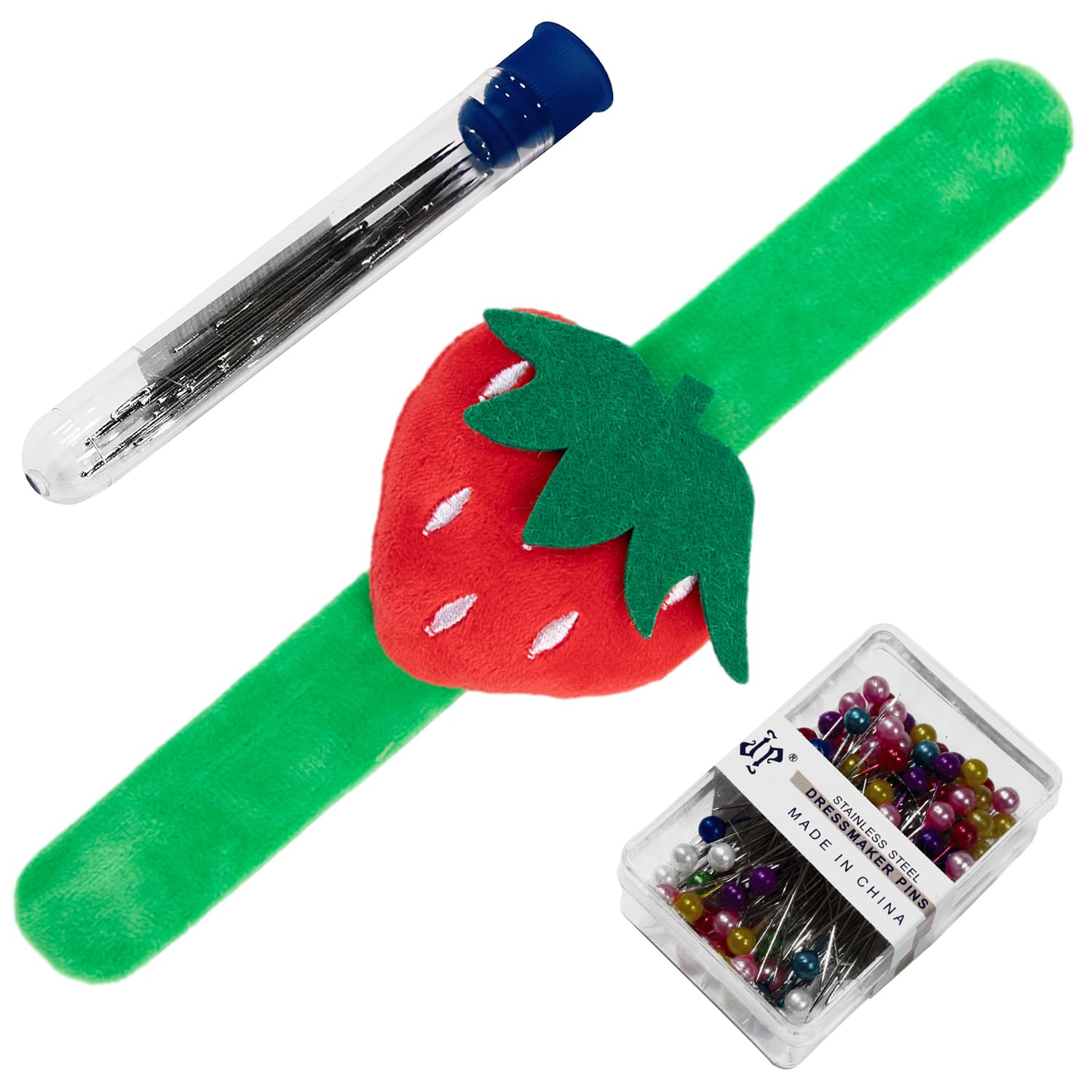 Creawonder Women's Strawberry Wrist Pin Cushion For Sewing, Snap Bracelet Wrist Bands Pincushion Organizer For Pins And Needles Include 80 Pearl Ballhead Pins And 18 Sewing Needles