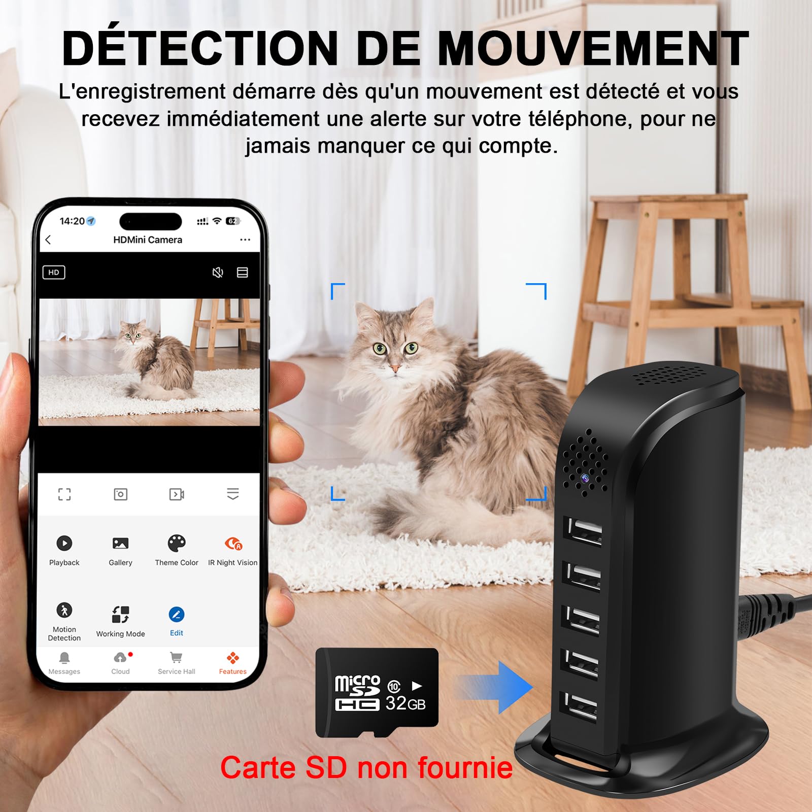 Caméra Cachée Wi-FI 5G, Chargeur USB à 5 Ports avec Caméra Cachée, Mini-caméra Espion Wi-FI HD 1080P, MiniCaméra Cachée WiFi USB avec Détection de Mouvement et Enregistrement en Boucle