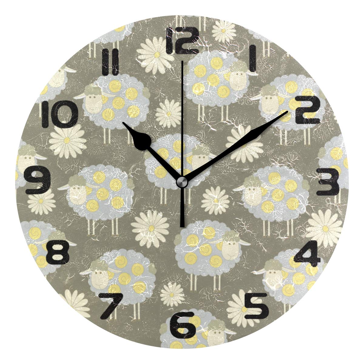 Hunihuni Wall Clock Sheep Daisy Pattern Silent Non-ticking Clock for Bedroom Living Room Home Office Decor