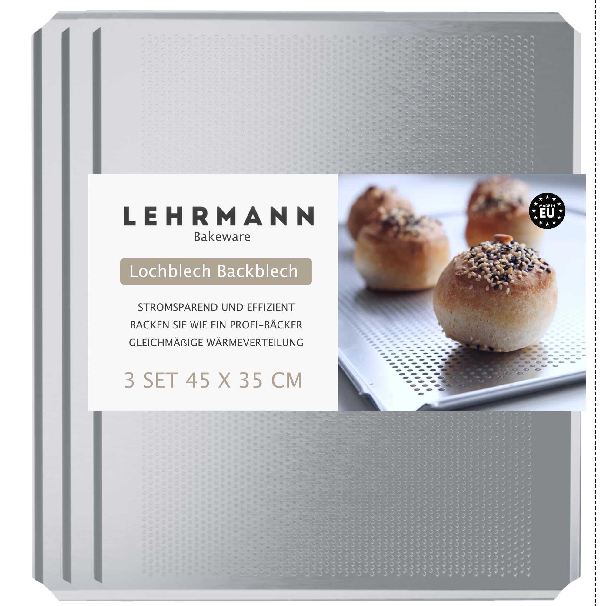 LEHRMANN Bandeja perforada (3 piezas) 45 x 35 cm placa para la panadería bandeja para horno Compatible con/reemplazo para MIWE WIESHEU BONGARD ELOMA/Siemens Bosch Neff