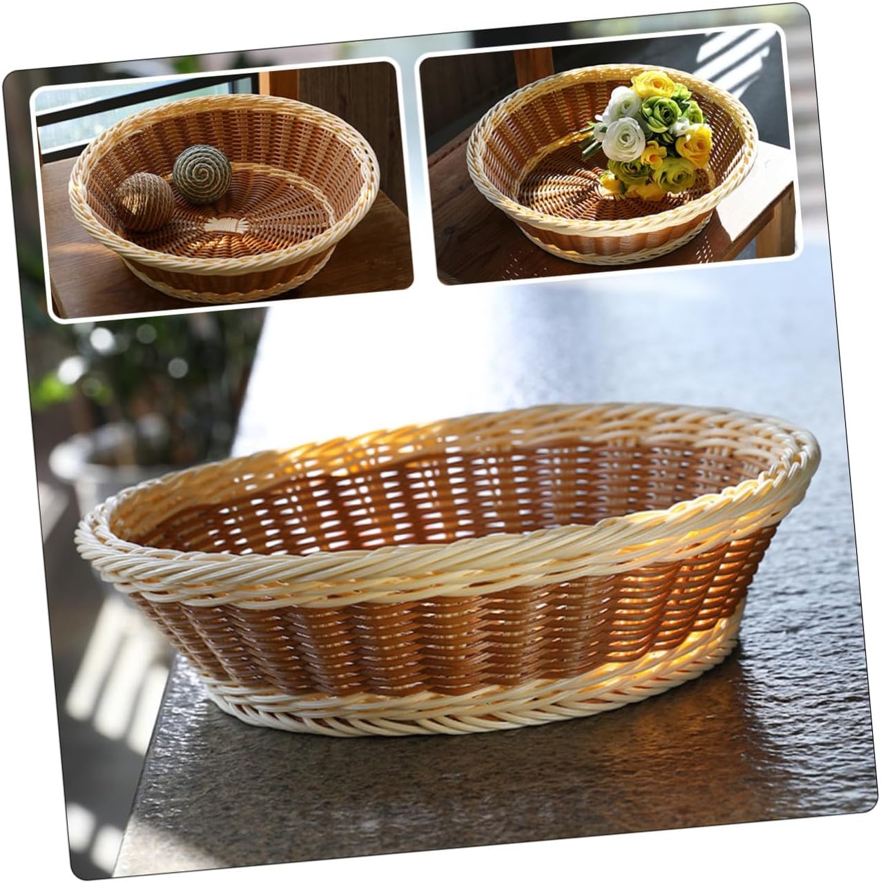 SOLUSTRE Multi-use Woven Fruit and Bread Basket, 30x9cm Fake Rattan Desk Sundries Storage Tray, Household Food Serving Basket for Kitchen and Dining