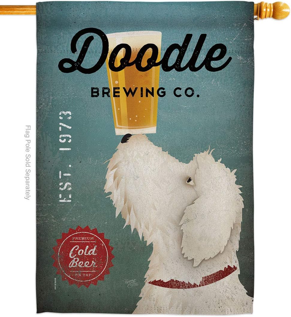 Doodle Brewing House Flag Animals Dog Puppy Spoiled Paw Canine Fur Pet Nature Farm Animal Creature Small Decorative Gift Yard Banner Made In USA 28 X 40