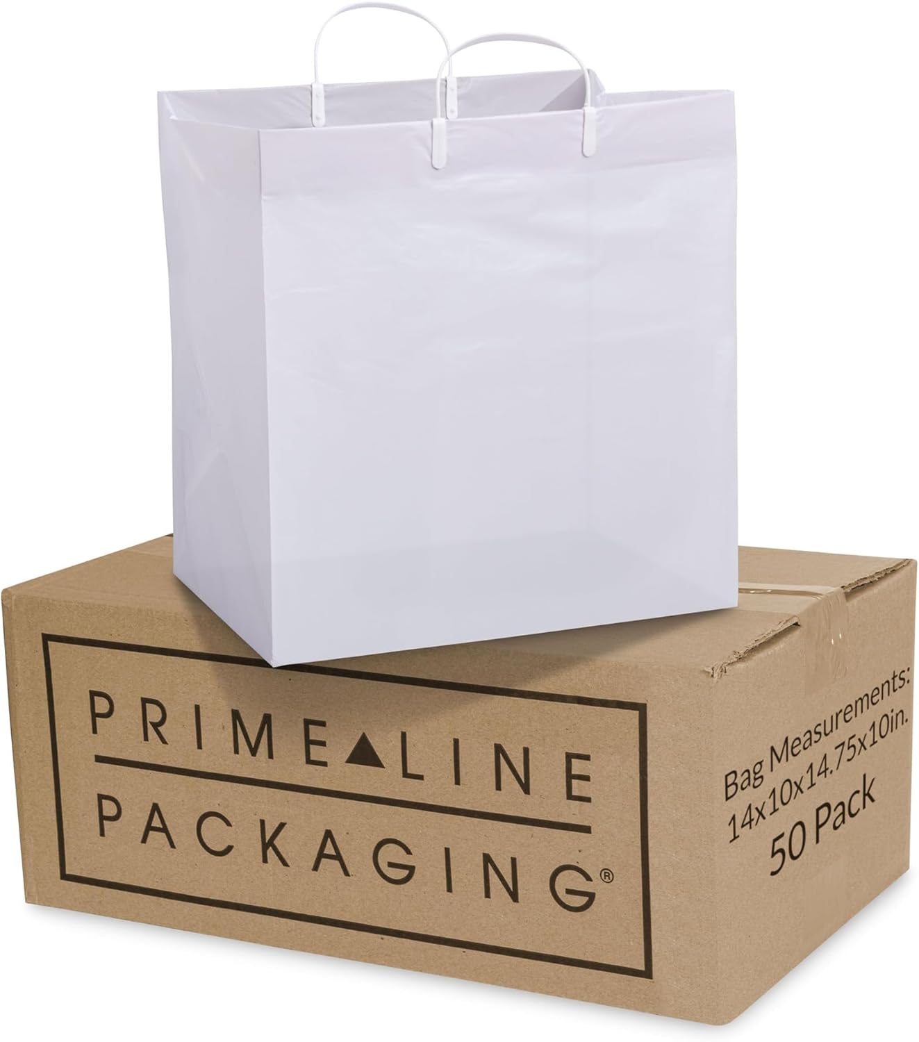 Prime Line Packaging White Plastic Bags, Shopping Gift Bags with Handles for Small Business, Food Service, Take Out, Delivery, Retail Bulk, 14x10x14.75, 50 Pack 14x10x14.75 Inch 50