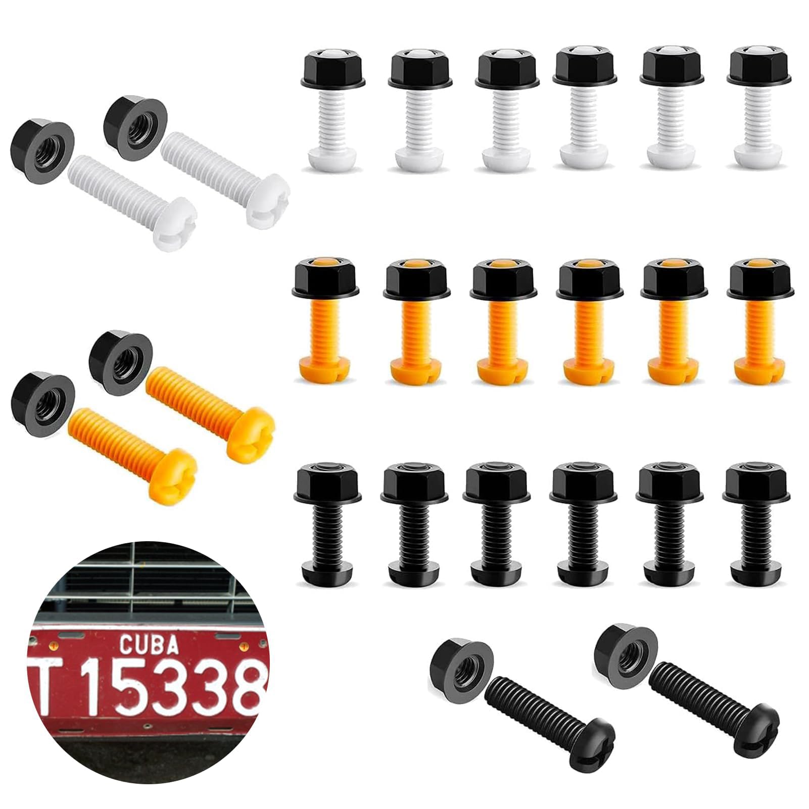 24 Packs Plastic License Plate Screws with Nuts,Car License Plate Fixing Fitting Kits Caps Bolts Fixings and Screws for Car Auto Motorcycle Bike Accessories Supplies