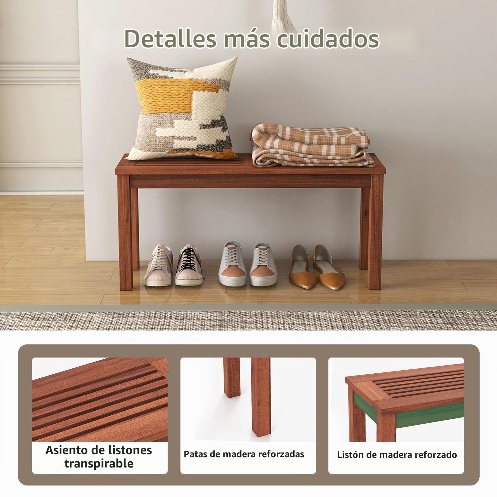 KOMFOTTEU Banco para Exterior de Madera, Banco de Jardín para 2 Personas, Asiento de Listones con Capacidad de hasta 150 kg, Mueble de Asiento para Balcón, Terreza, Porche, 100 x 30,5 x 47 cm (1)