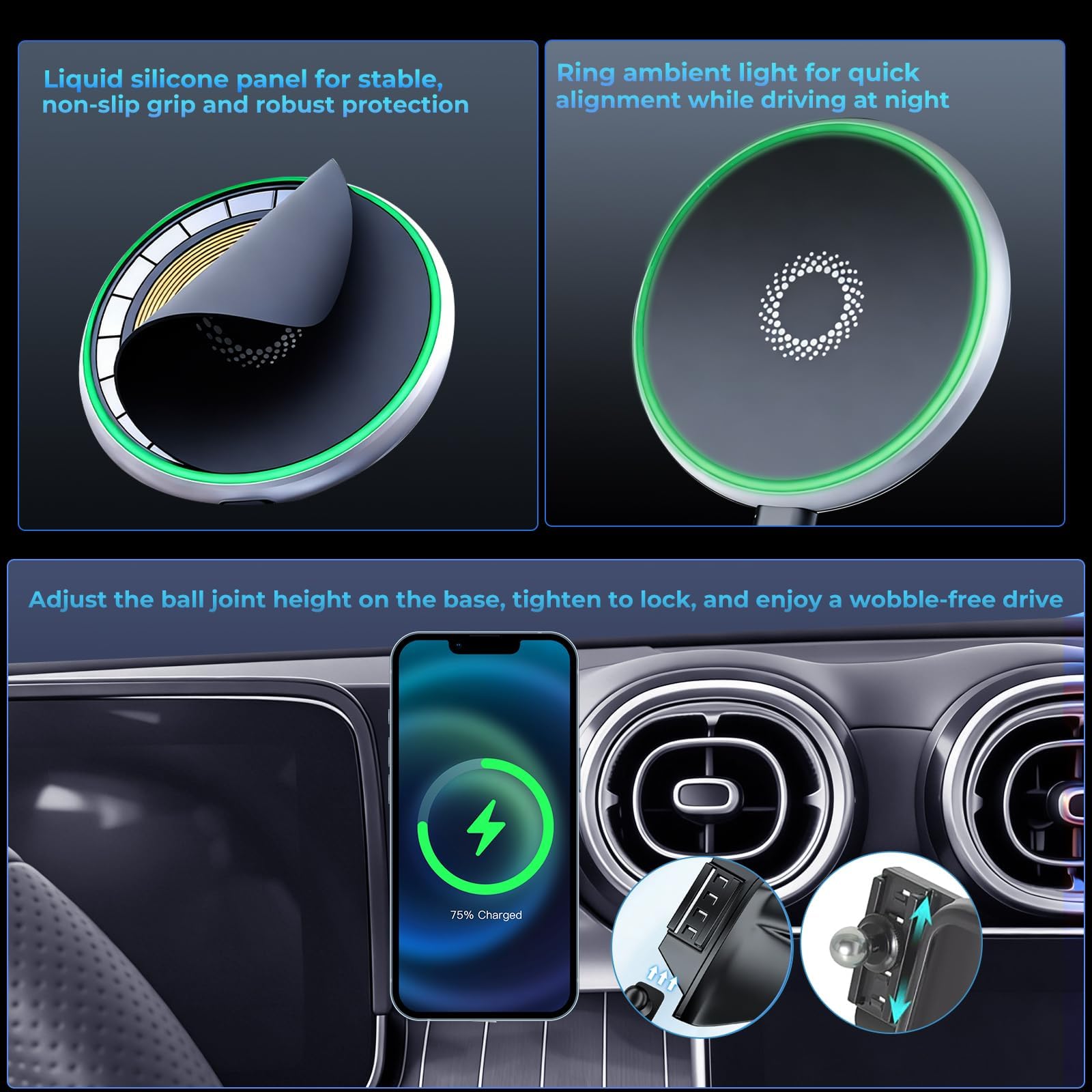 Supporto magnetico per telefono per Mercedes Benz GLC 2023-2026 Classe C 2022-2026 Accessori Schermo da 12,3 pollici, rotazione a 360° per supporto per telefono caricabatterie wireless Magsafe