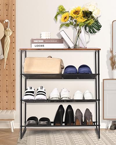 Miniatura 7 de Luwesde Zapatero de 4 niveles, organizador de zapatos independiente ajustable inclinable, parte superior de madera con 4 estantes de malla metálica,