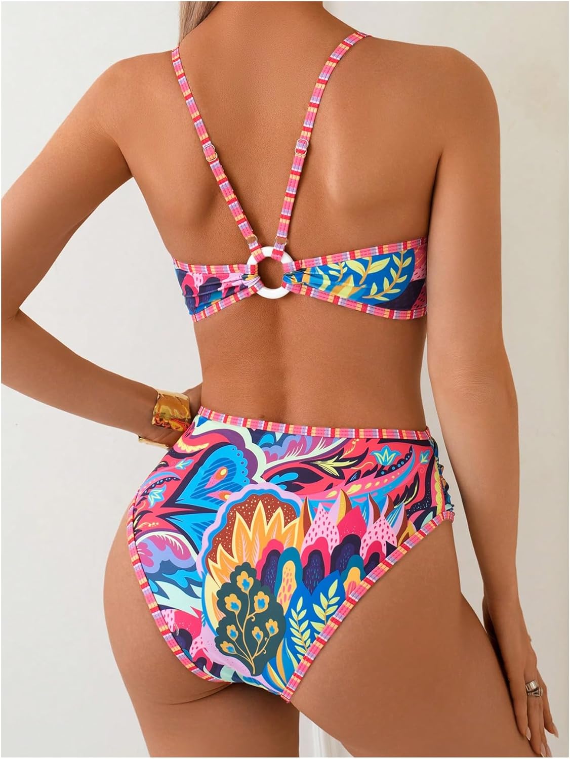 MakeMeChic Women's High Waisted Bikini Sets Bathing Suit Swimsuit Tropical Boho Swimwear - Image 2