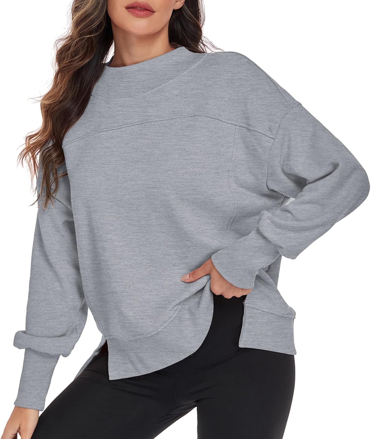 HOUZONIY Womens Long Sleeve Sweatshirt Crewneck Side Slit Soft Lightweight Workout Casual Fall Fashion Basic Pullover Tops