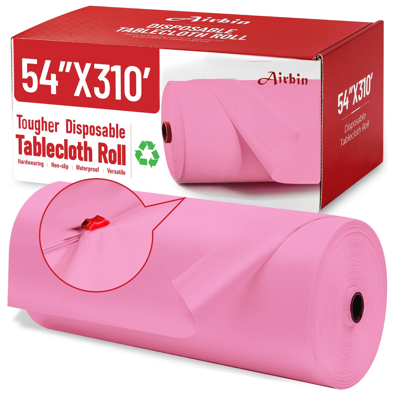 Airbin Plastic Table Cloth, 310 Ft X 54 in Plastic Table Cloth Disposable Pink Tablecloth with Any Cut Sliding Cutters Premium PEVA Disposable