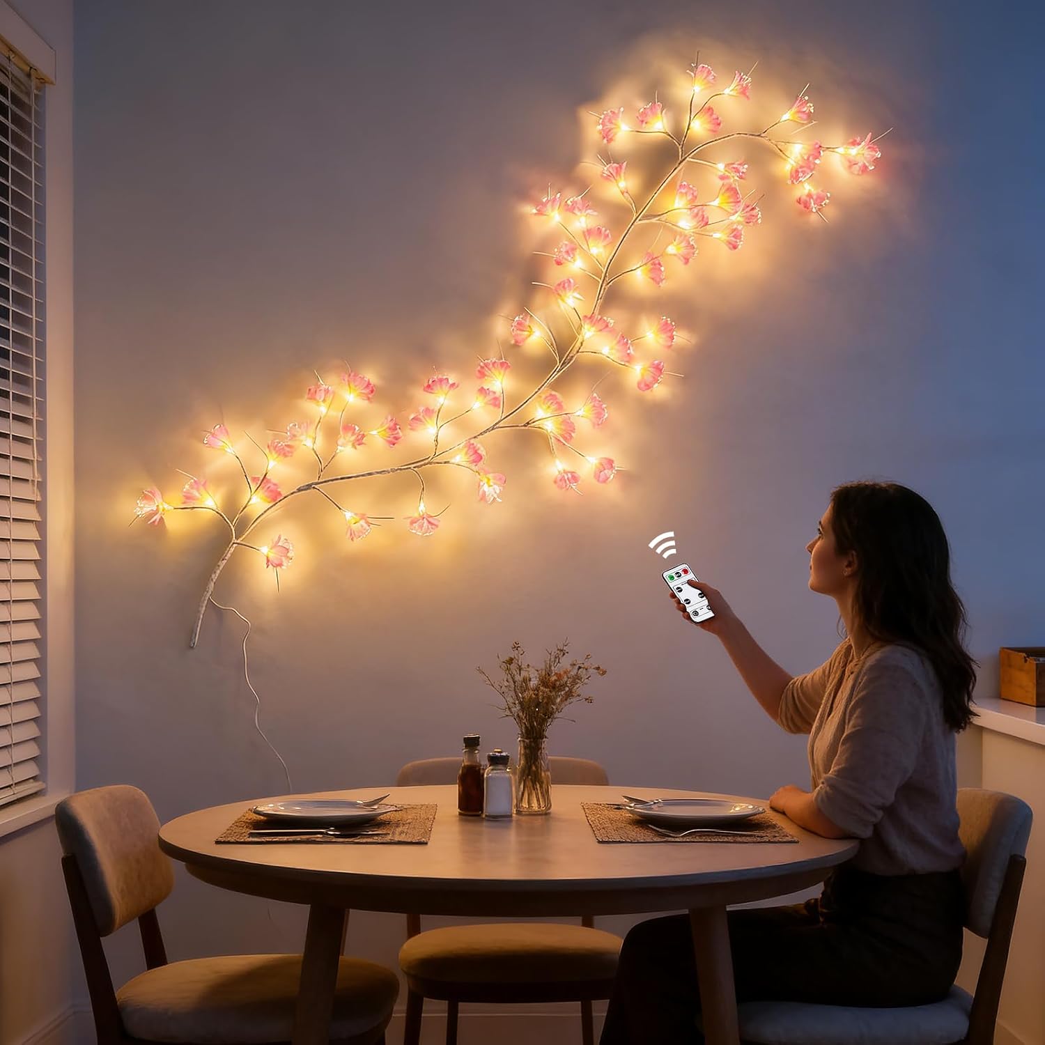 Cherry Blossom Tree Branch Lights: Cherry Blossom Willow Vine Garland with 54 LED Light and Remote for Wall Decor - 4 Lighting Modes Christmas Indoor Decorations for Home Bedroom Window (Pink)