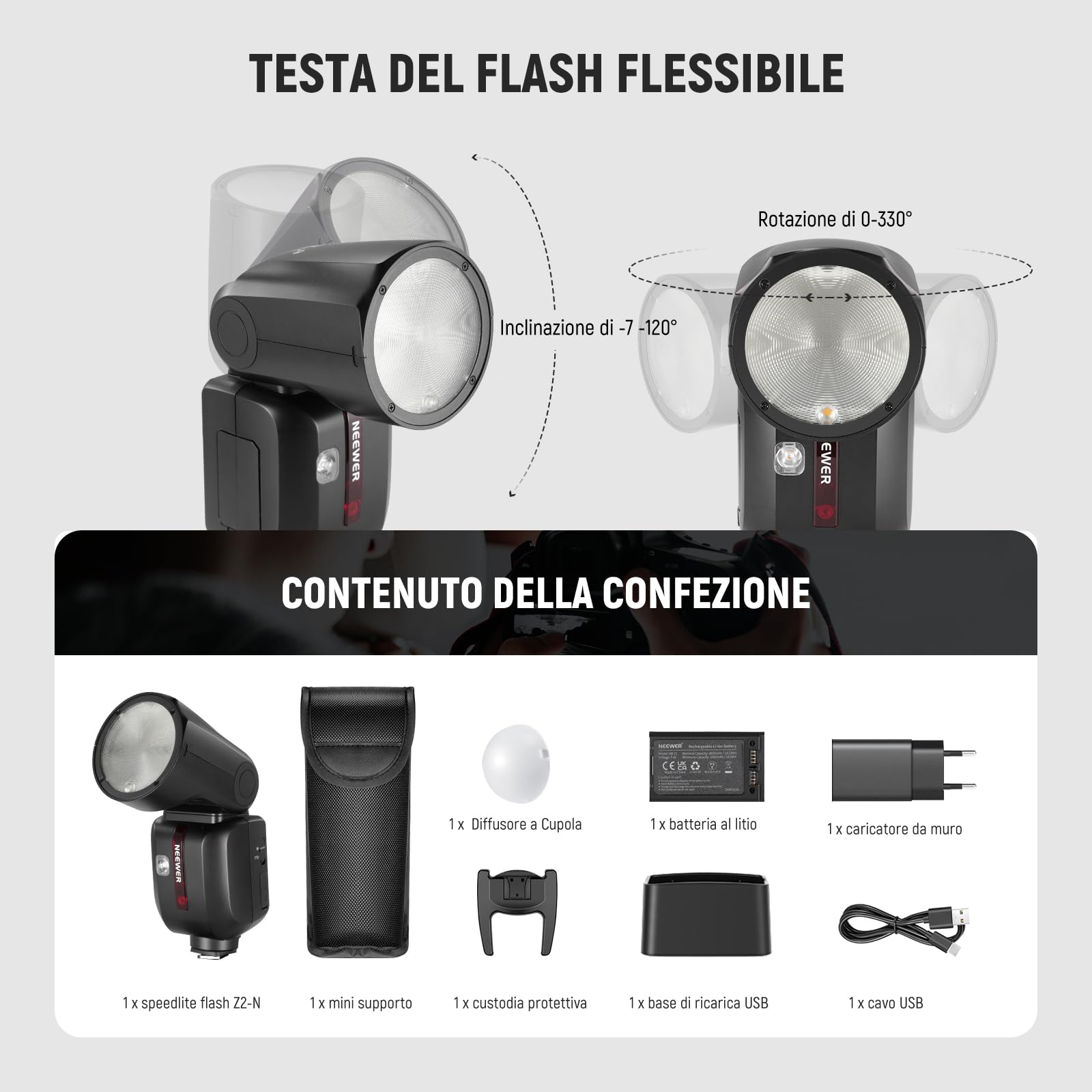 NEEWER Z2-N Flash Speedlite TTL a Testa Tonda 2.4G per Nikon,76W+Diffusore a Cupola, UI Migliorata, Toggle Key TTL/M TCM, 2 Lampada Pilota 1/8000s HSS Batteria 7.4V/2600mAh, 480 Flash a Piena Potenza