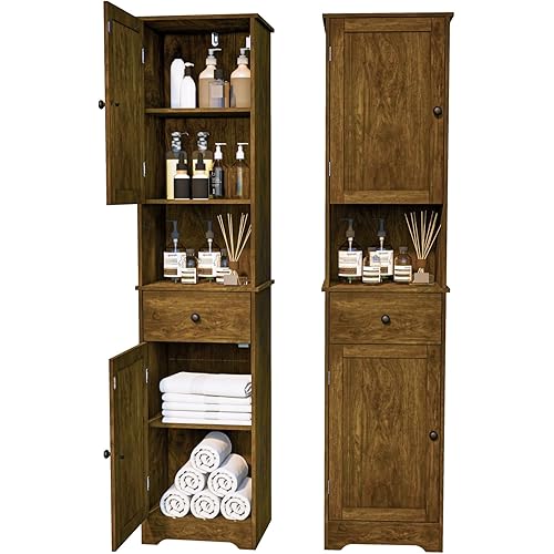 Tall Bathroom Cabinet, Storage Cabinet with 2 Doors & 2Drawer, with Ajustable Shelve, for Bathrooms, Kitchens,Entrances,Bedrooms（Retro Color）