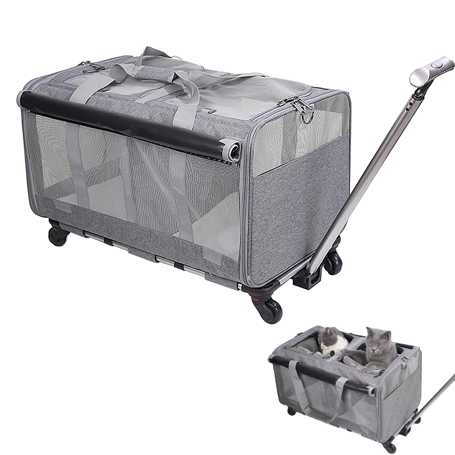 Rolling Pet Carrier with Wheels for Cats, Double Compartment for 2 Cats and Small Dogs, Load up to 36 lbs, Ideal for Travel, Hiking, Camping, Grey