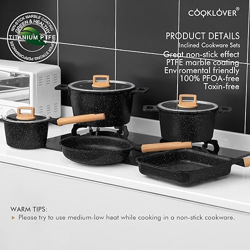 Miniatura 2 de COOKLOVER Juego de utensilios de cocina de inducción antiadherentes -pack -15-Negro y 9.5 pulgadas Sartén de inducción antiadherente con utensilios