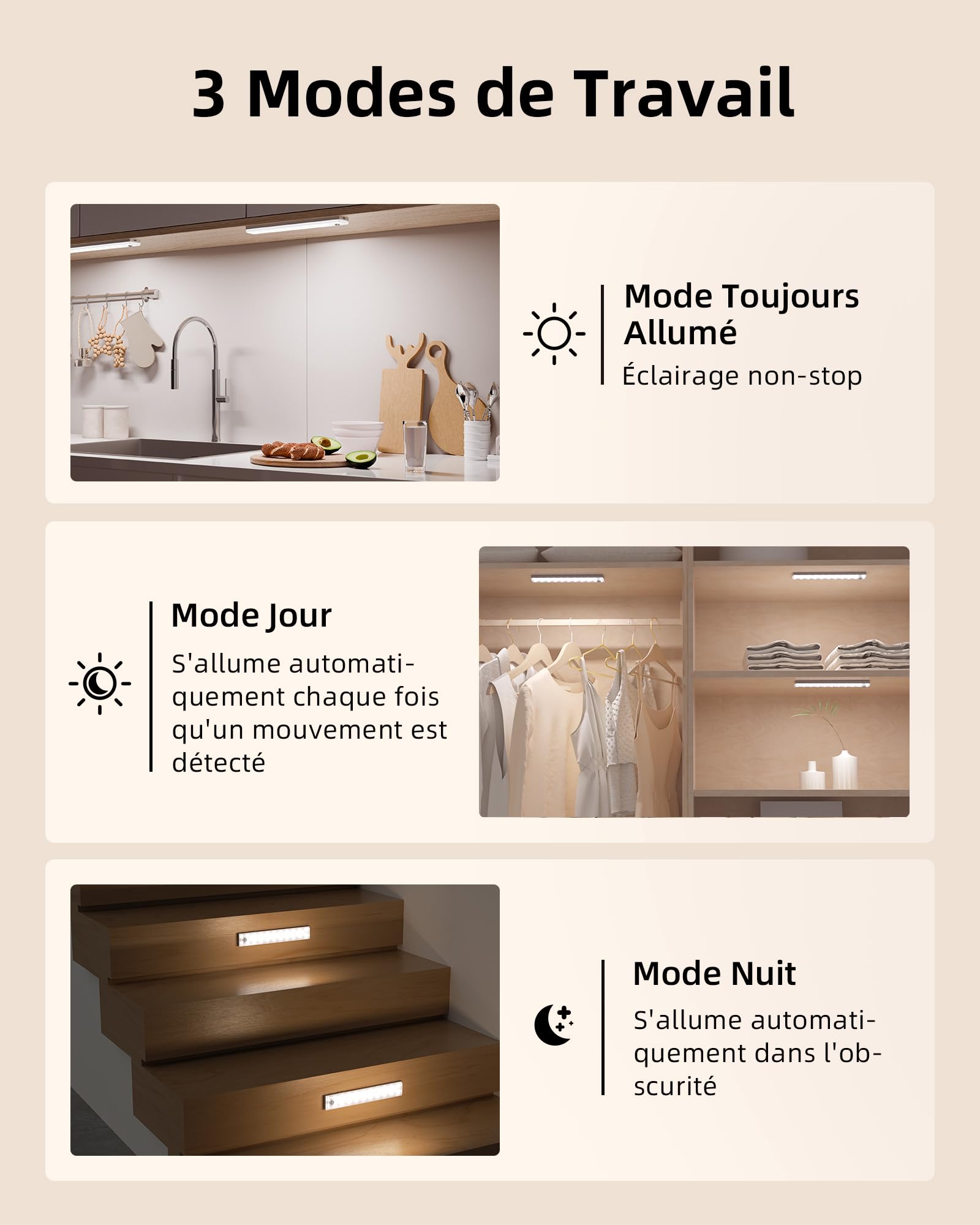 EZVALO Lampe de Cuisine sous Armoire 62 LED avec Détecteur de Mouvement et Station de Charge, Éclairage d’armoire 1600 mAh avec 3 Températures de Couleur pour Cuisine, Placard (6 Pièces)