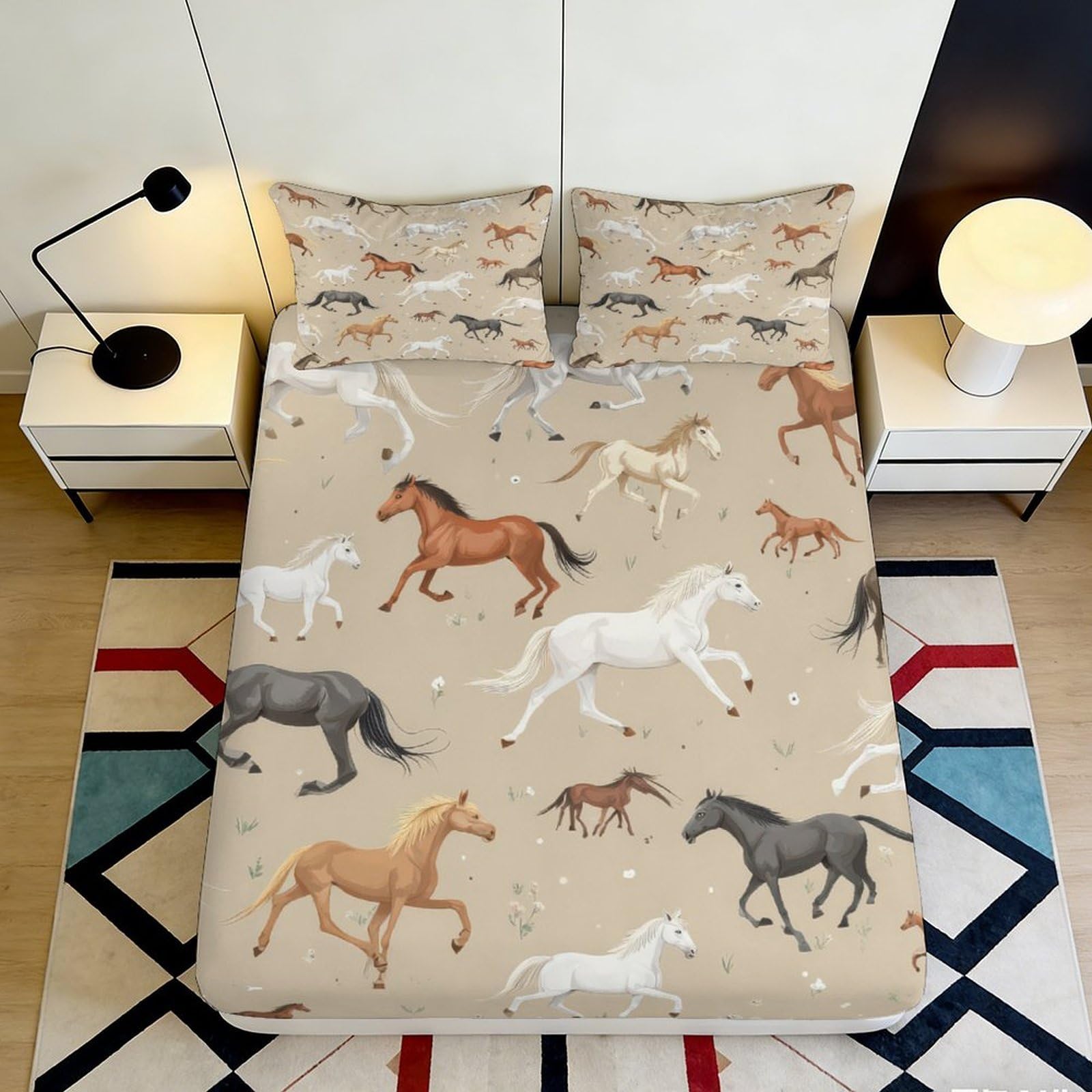 3D Printed Galloping Horses Fitted Sheet Microfiber Beige Bed Cover for Bedroom Guest Room Dorm Mattress Protection Decor 200x200x25cm