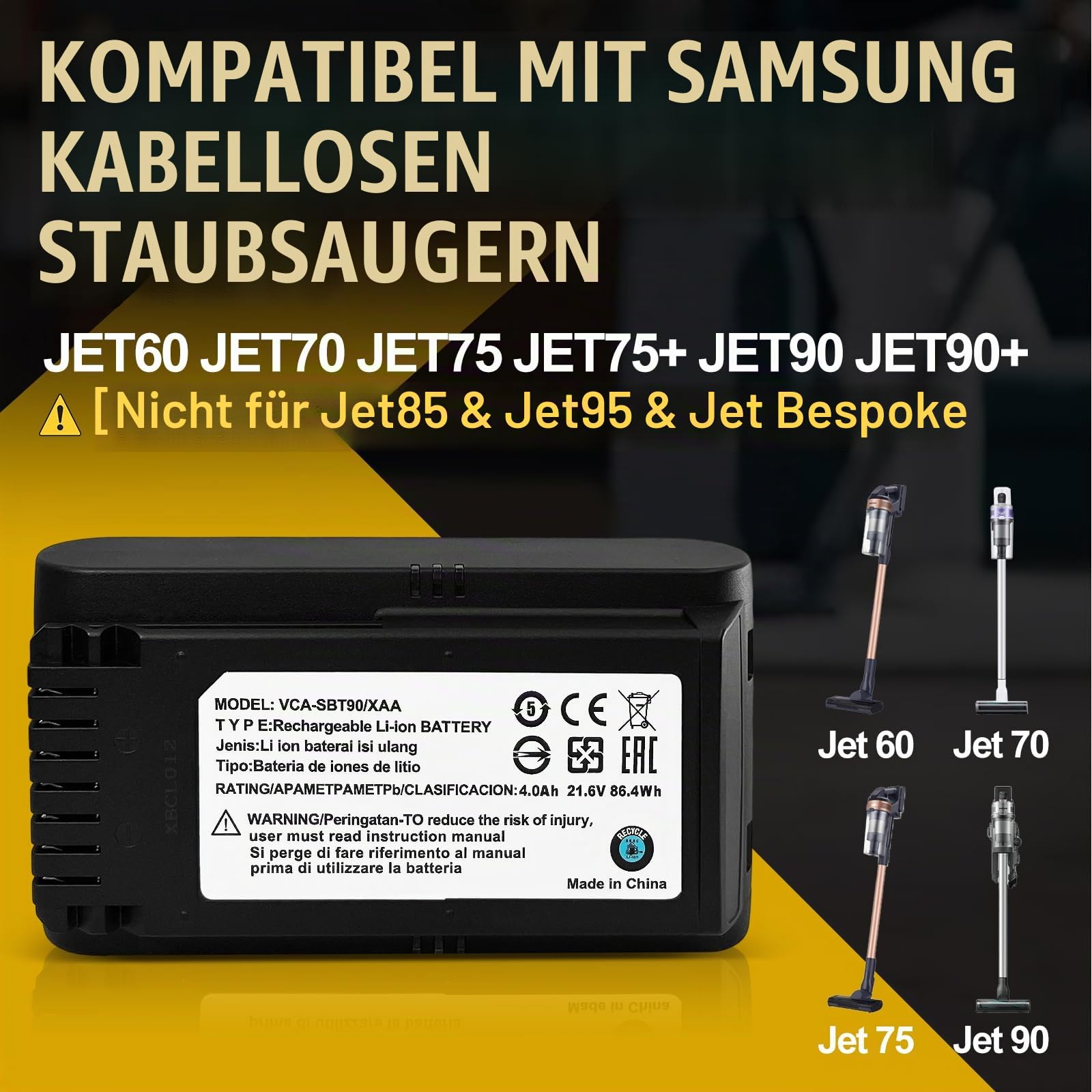 4.0Ah Akku für Samsung VCA-SBTA60 VCA-SBT90 VCA-SBT90EB, Kompatibel mit Samsung JET60 JET65 JET70 JET75 JET90 kabellosen Staubsauger. Nicht die Staubsauger der Serien Jet 85 JET95 und Jet Bespoke