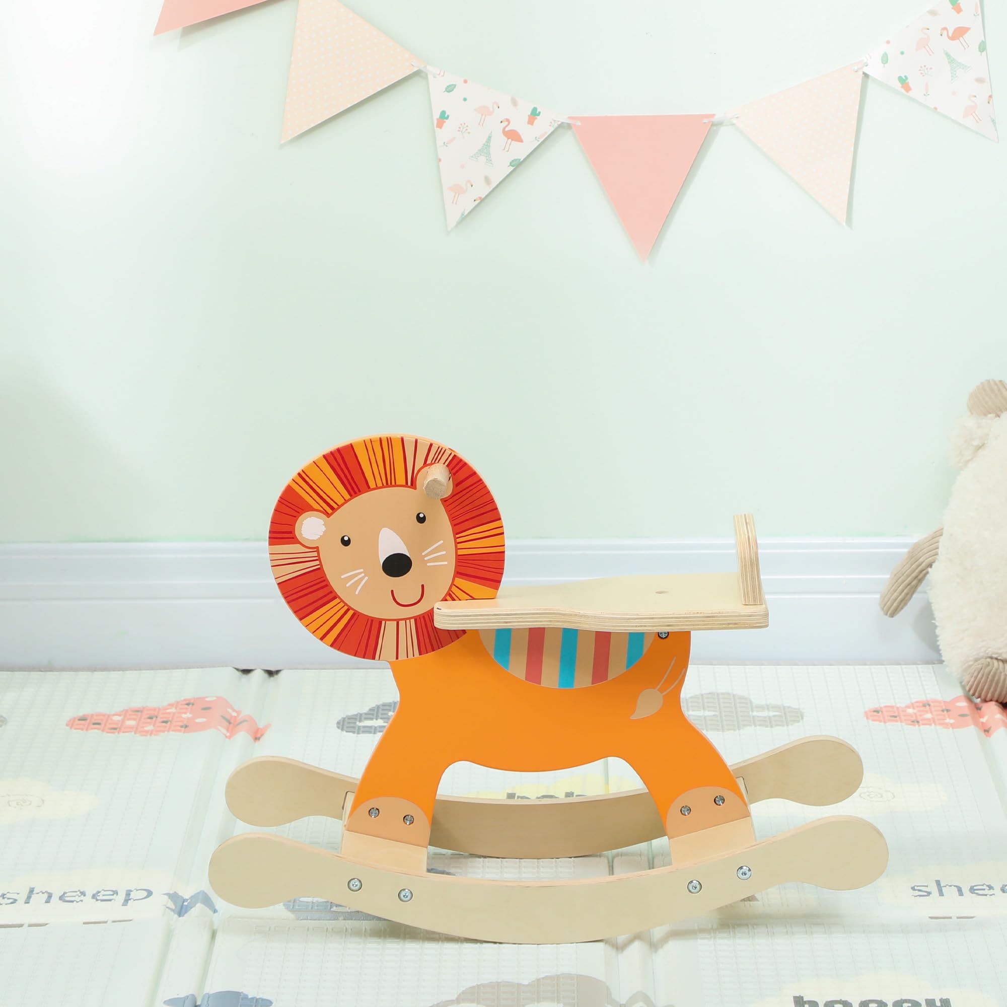 AIYAPLAY Schaukelpferd Holz, Kinder Schaukeltier mit Haltegriffen Schaukeltier Löwen für Kinder von 2-5 Jahren Orange