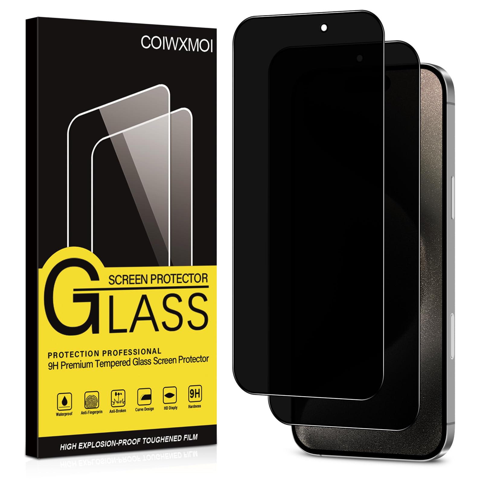 Coiwxmoi Protector Pantalla Privacidad para iPhone 15 Pro Max Cristal Vidrio Templado Antiespia 9H Dureza Anti-Arañazos Antihuellas Anti Espía Protectora Película Sin Burbujas Privacy Screen,2 Piezas