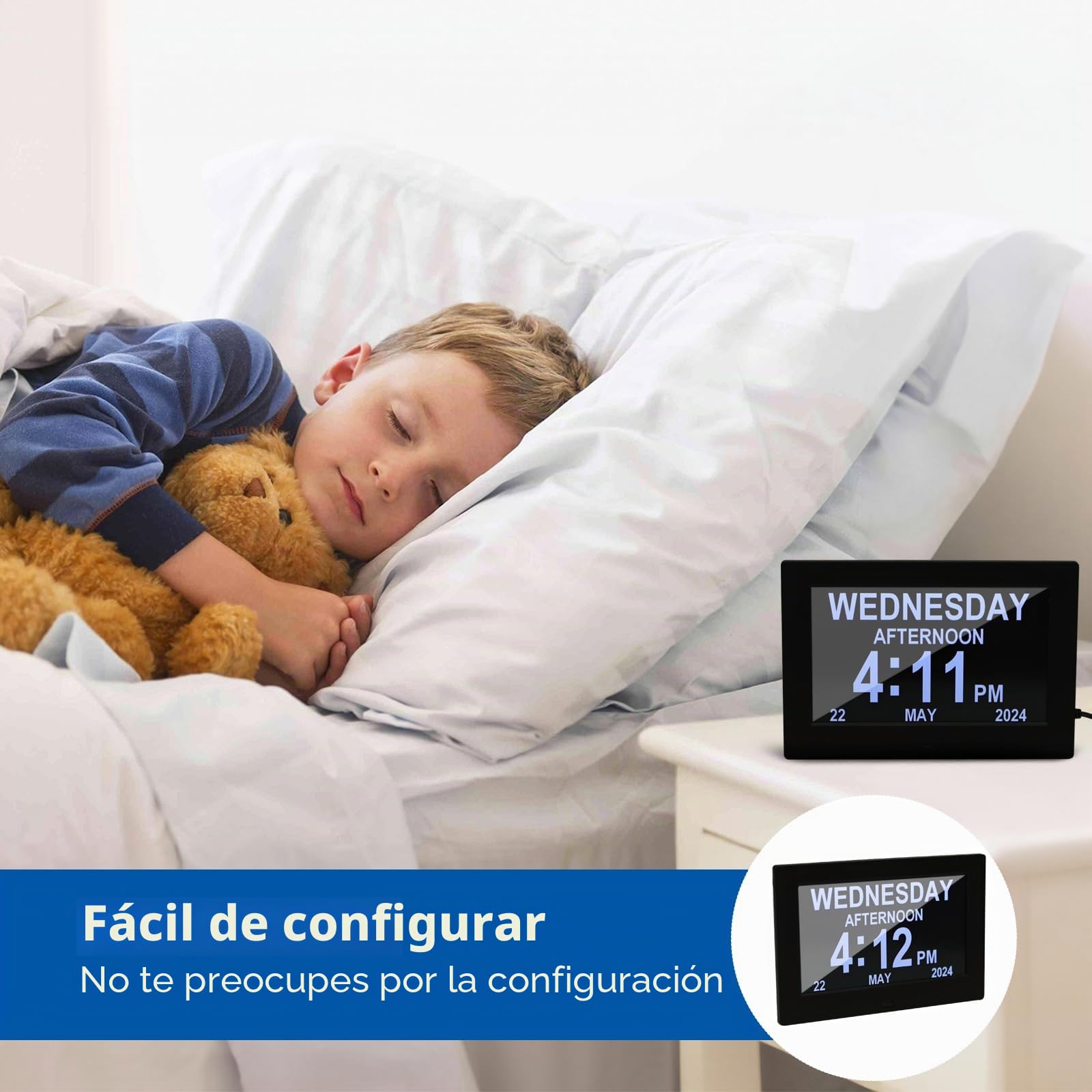 ALLOMN Gran reloj digital con calendario de día, reloj de 7 pulgadas con día y fecha para personas mayores, reloj de Alzheimer con 12 opciones de alarma para personas mayores, personas con