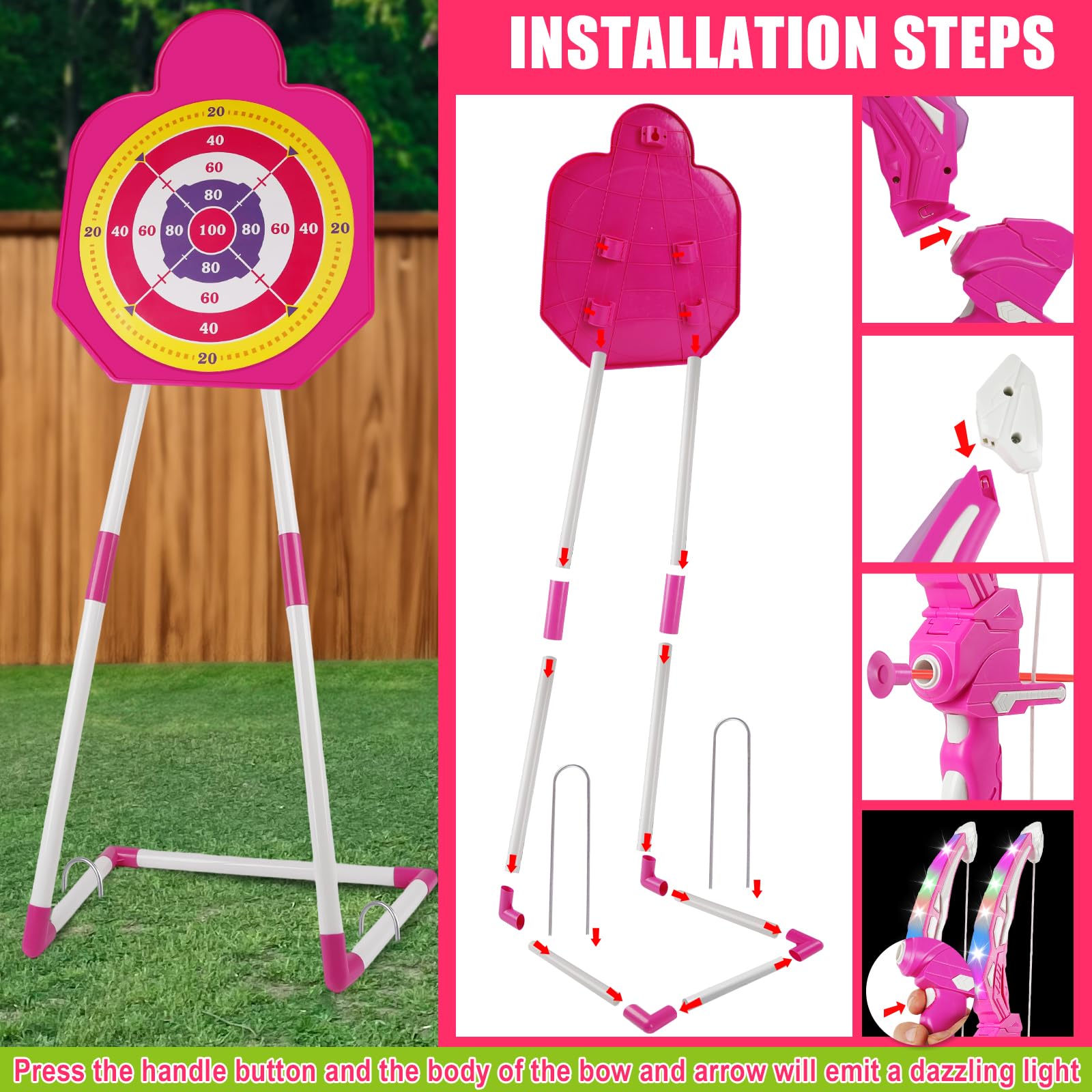 2 Pack Arco e Freccia per Bambini con Luci LED, Giocattolo per Bambini Tiro con l'arco Luminoso, Giocattolo Interno ed Esterno per 3-12 Anni Regalo Ragazzi Ragazze (Rosa)