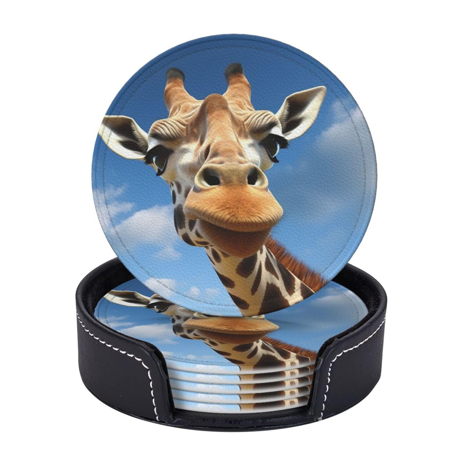 Round Coasters for Drinks Set of 6 - PU Leather Coasters with Holder - Modern Drink Coasters for Coffee Table - Funny Giraffe Coaster for Tabletop Protection 4" Cup Mat Pad