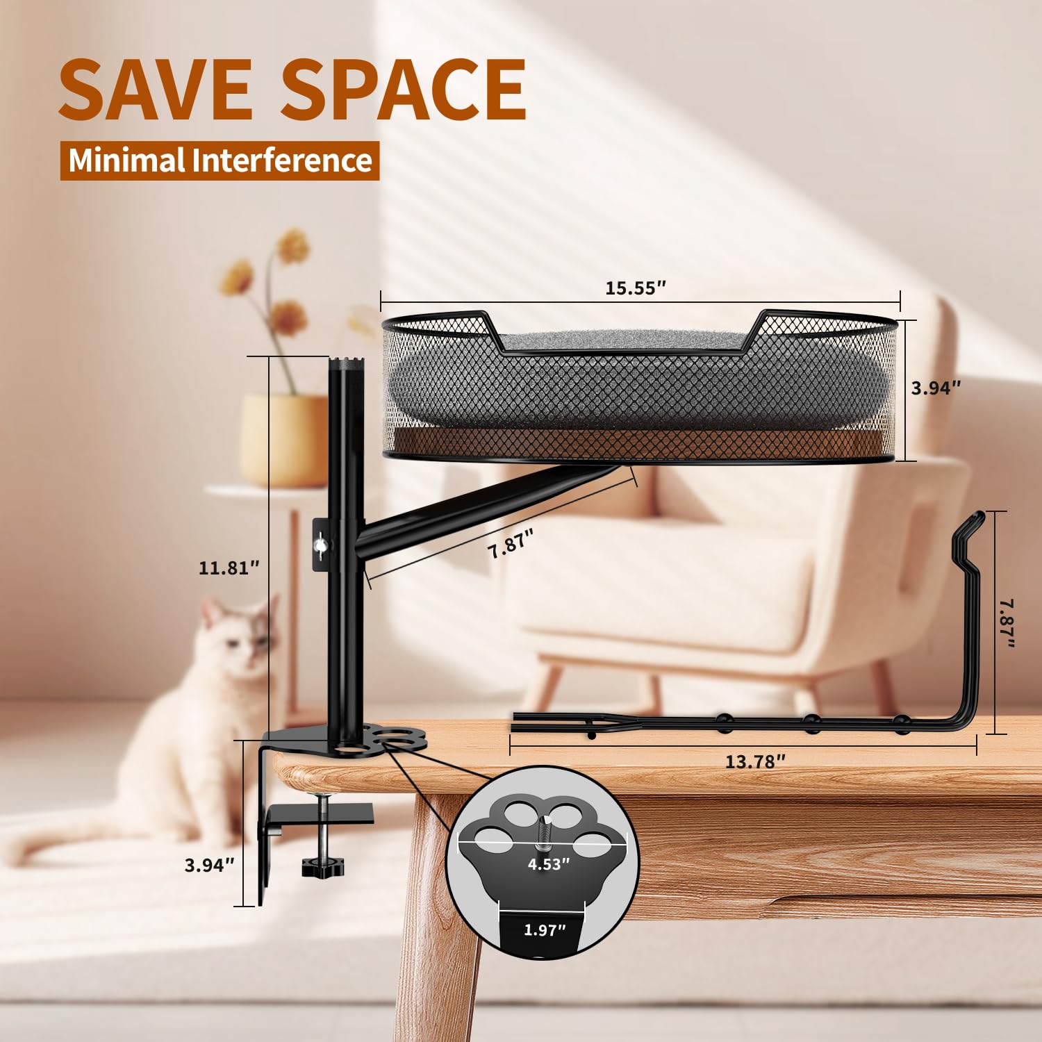 Longiteeyi Cat Desk Bed,Rotating & Adjustable, Durable Metal Pet Bed, Supports Up to 45 lbs, Removable Blanket, Modern Indoor pet Furniture for Home Office and Game Tables