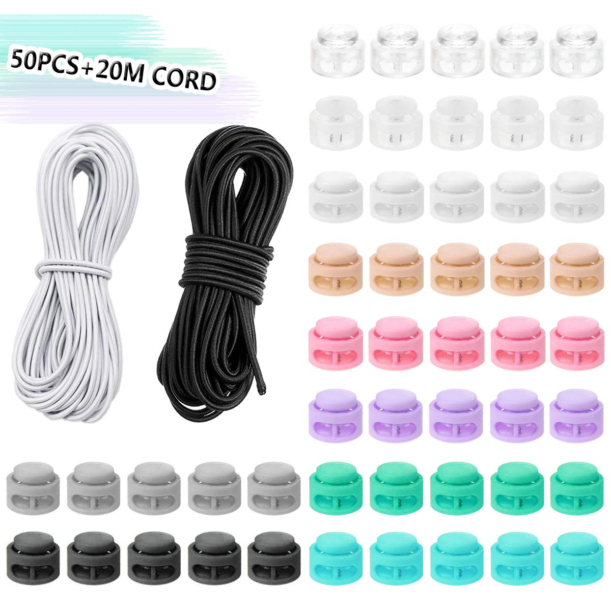 50 PCS Plastic Cord Locks with 22 Yards Elastic Shock Rope, Toggle Double Hole Spring Rope Cord Locks Clip Ends Spring Stopper Sliding Fastener Buttons for Shoelace Replacement, Sports, Backpacks