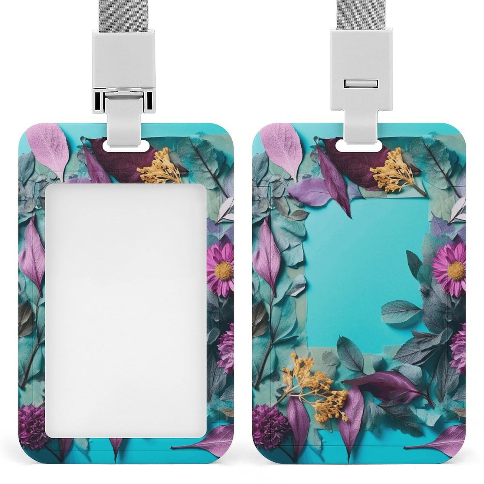 Sliding ID Badge Holder Vertical Badge Holder with Clear Window Plastic Badge Holder for Work Frame of Flowers and Leaves ID Card Holder Card Protector Cover for Office Nurse