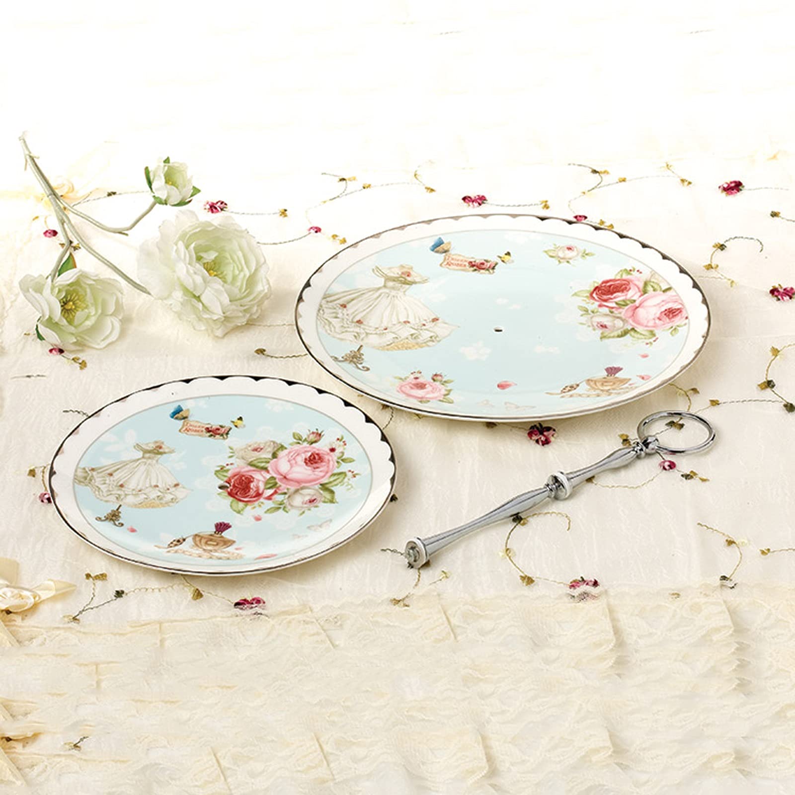 Bandejas para Tartas Soporte de la magdalena de estilo europeo con la manija del postre de cerámica de la pantalla de la exhibición del postre de la capa de doble capa de la bandeja de la bandeja de l