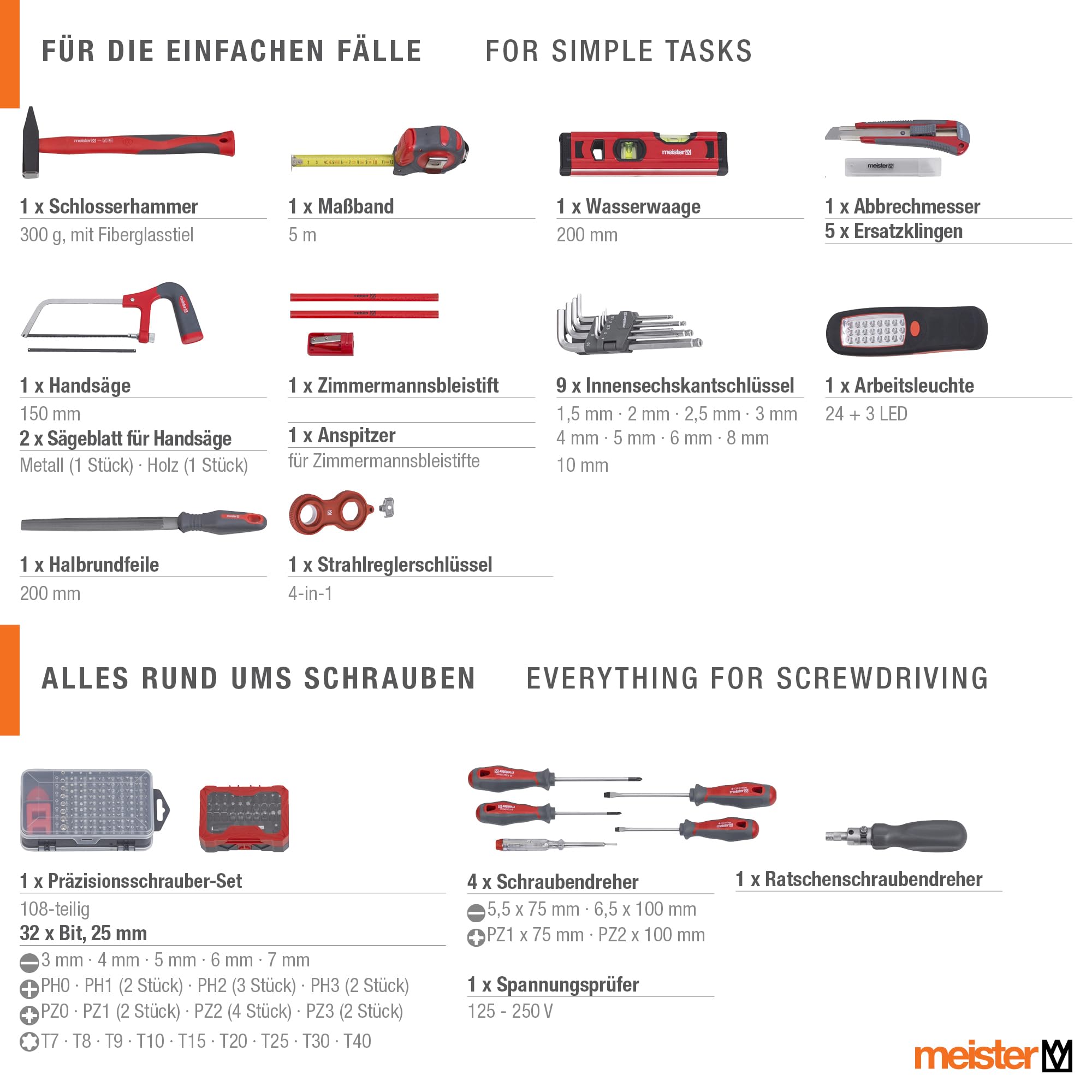 Meister Chariot à outils 230 pièces - Kit d'outils - Avec roulettes - Poignée télescopique/Mallette à outils professionnelle remplie/Caisse à outils mobile sur roulettes/Boîte à outils complète