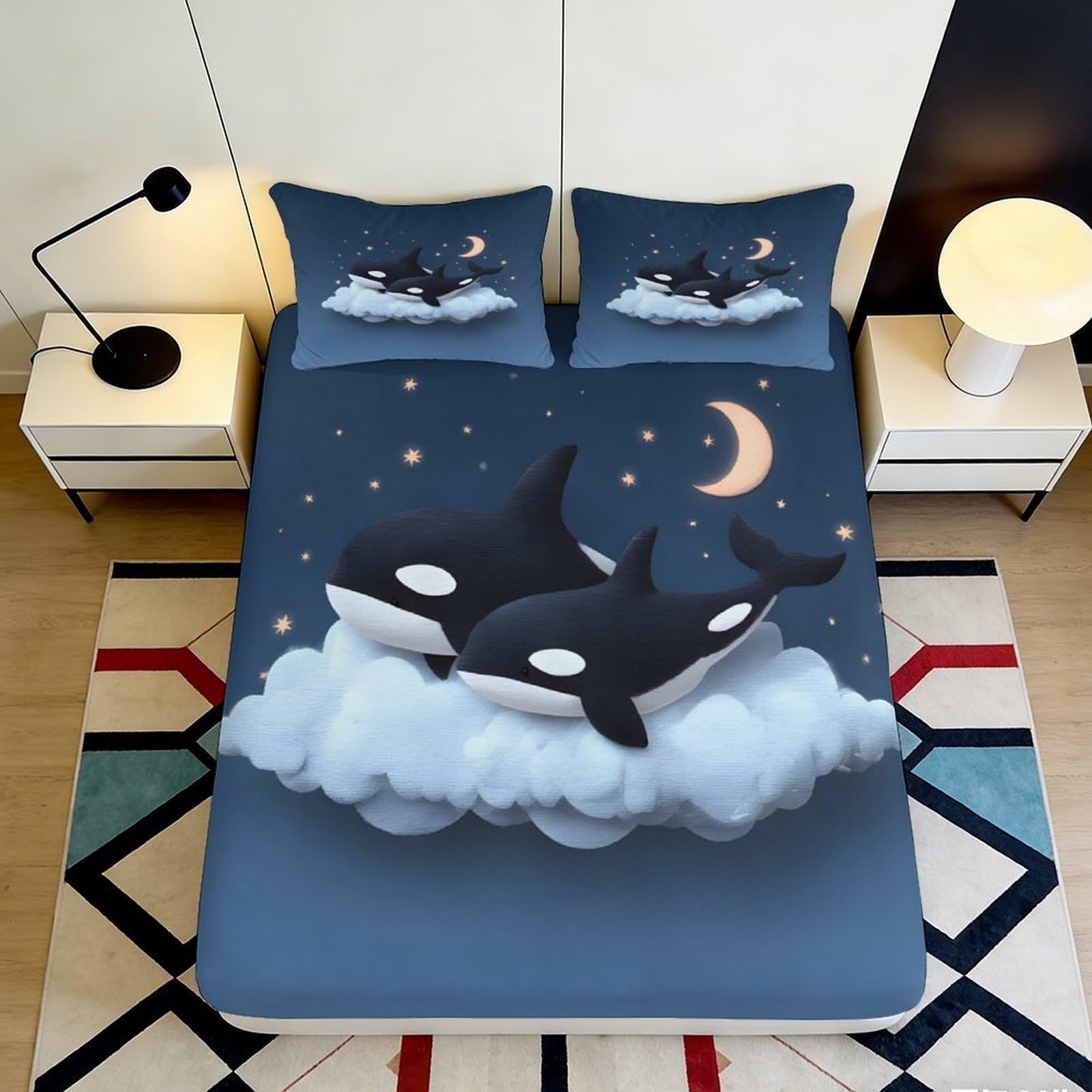 Jqzkxnhpbr Style-9 3D Printed Dream Night Orca Fitted Sheet Microfiber Soft Blue Moon Cloud Mattress Cover For Bedroom Dorm Decor 90X200x25cm