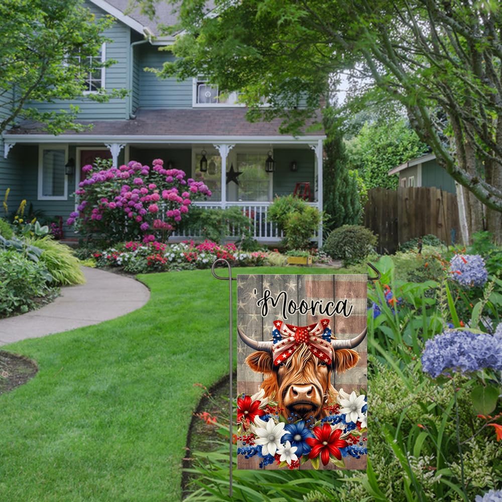 Patriotic Highland Cow Garden Flag for Outside 4th of July Decorations 12x18 Inch Double Sided Moorica Floral American Farm Cow Funny Yard Porch Flag Memorial Day Independence Day Farmhouse Decor - Image 7