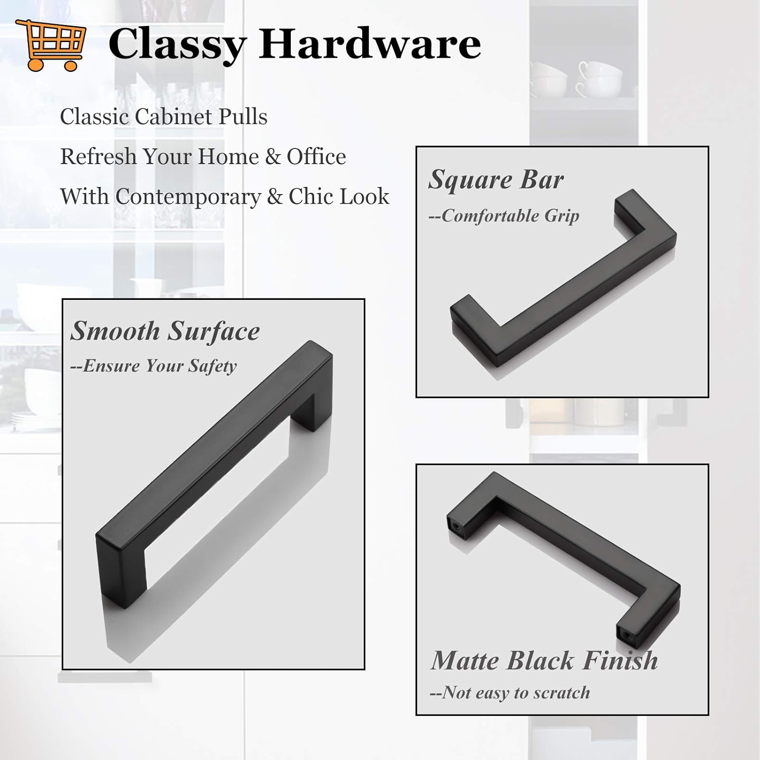 Probrico (30 Pack) Flat Black Cabinet Handles Square 4 Inch(102mm) Hole Center Kitchen Drawer Pulls Stainless Steel Modern Cabinet Hardware