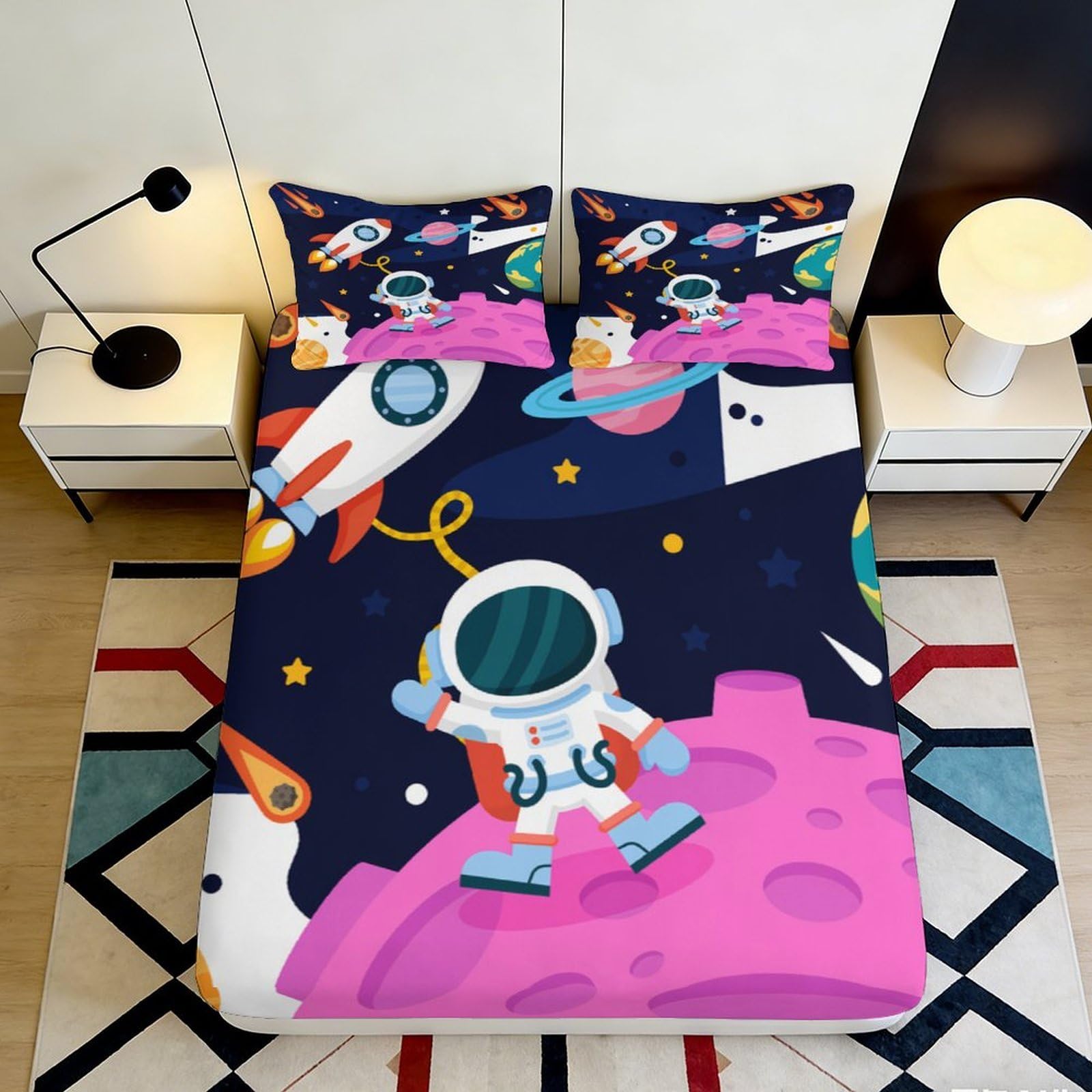 3D Printed Astronaut Space Adventure Fitted Sheet Microfiber Soft Breathable Rocket Planet Mattress Cover for Bedroom Dorm Decor 90x200x25cm