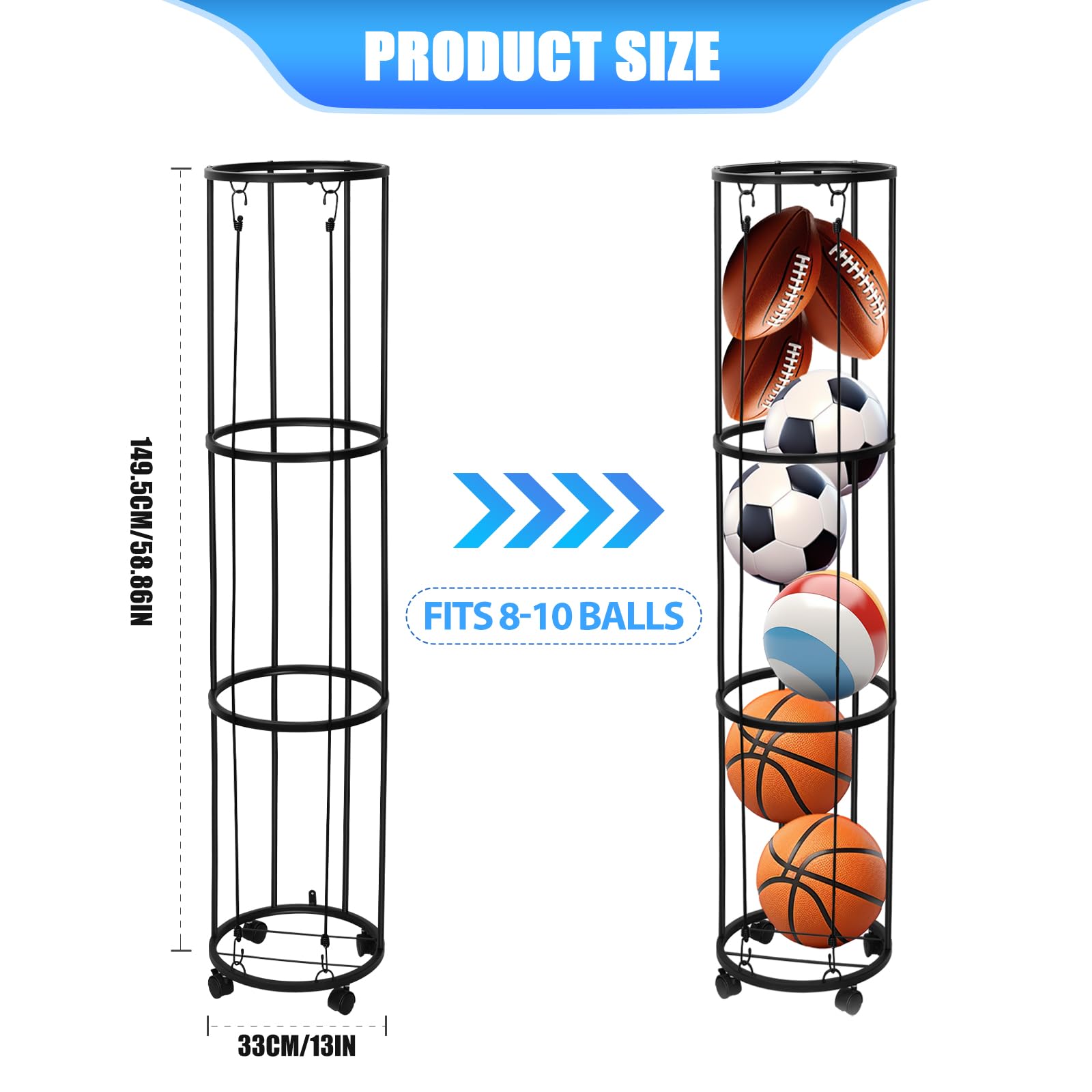 Rastrelliera per Palloni a 3 Livelli Verticale per Basket Calcio Attrezzature Sportive Scaffale Rimovibile